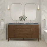 Myrrin 60" Double Vanity, Mid Century Walnut w/ 3 CM Parisien Bleu Silestone Top w/FreePower Wireless Charger