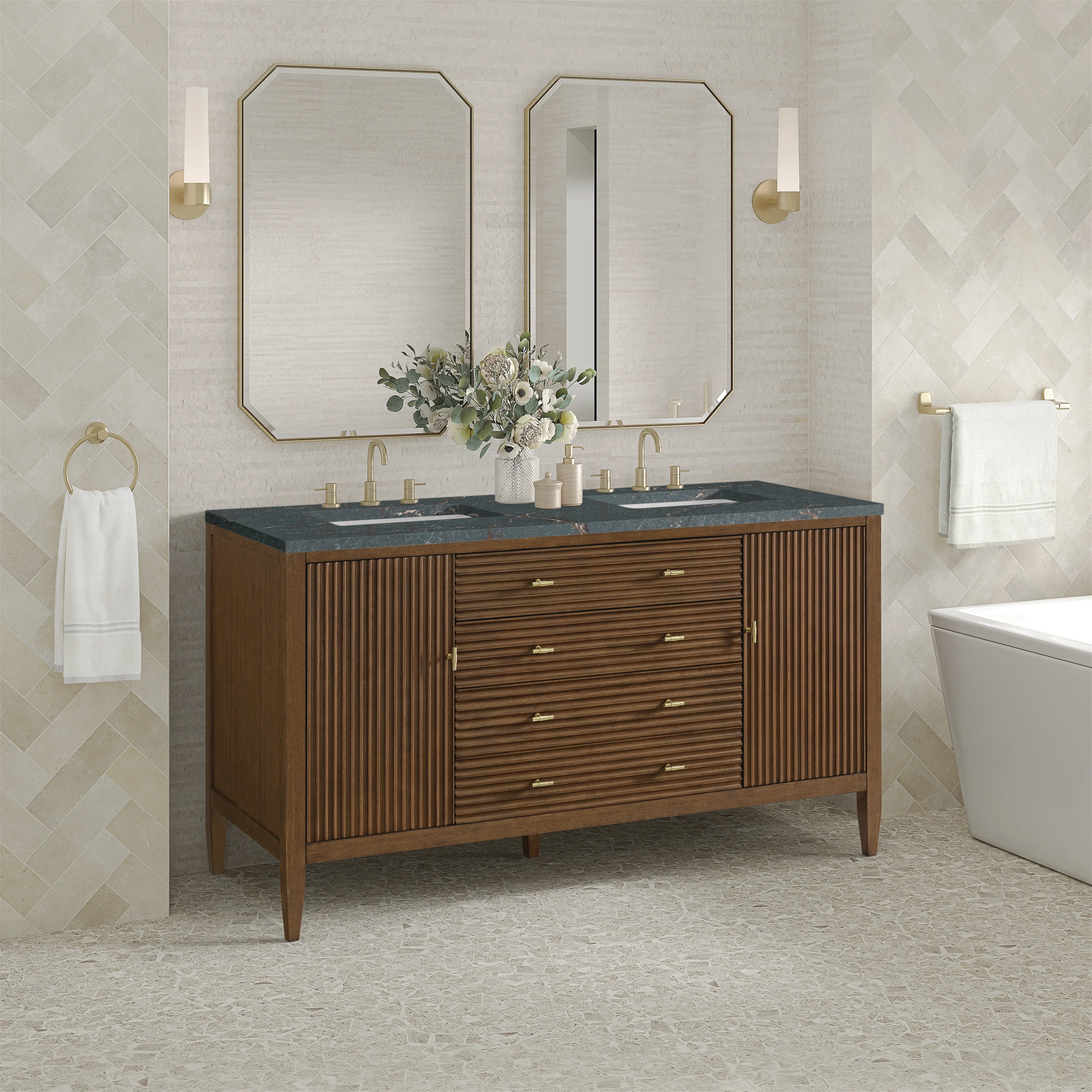 Myrrin 60" Double Vanity, Mid Century Walnut w/ 3 CM Parisien Bleu Silestone Top w/FreePower Wireless Charger