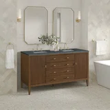Myrrin 60" Double Vanity, Mid Century Walnut w/ 3 CM Parisien Bleu Silestone Top w/FreePower Wireless Charger