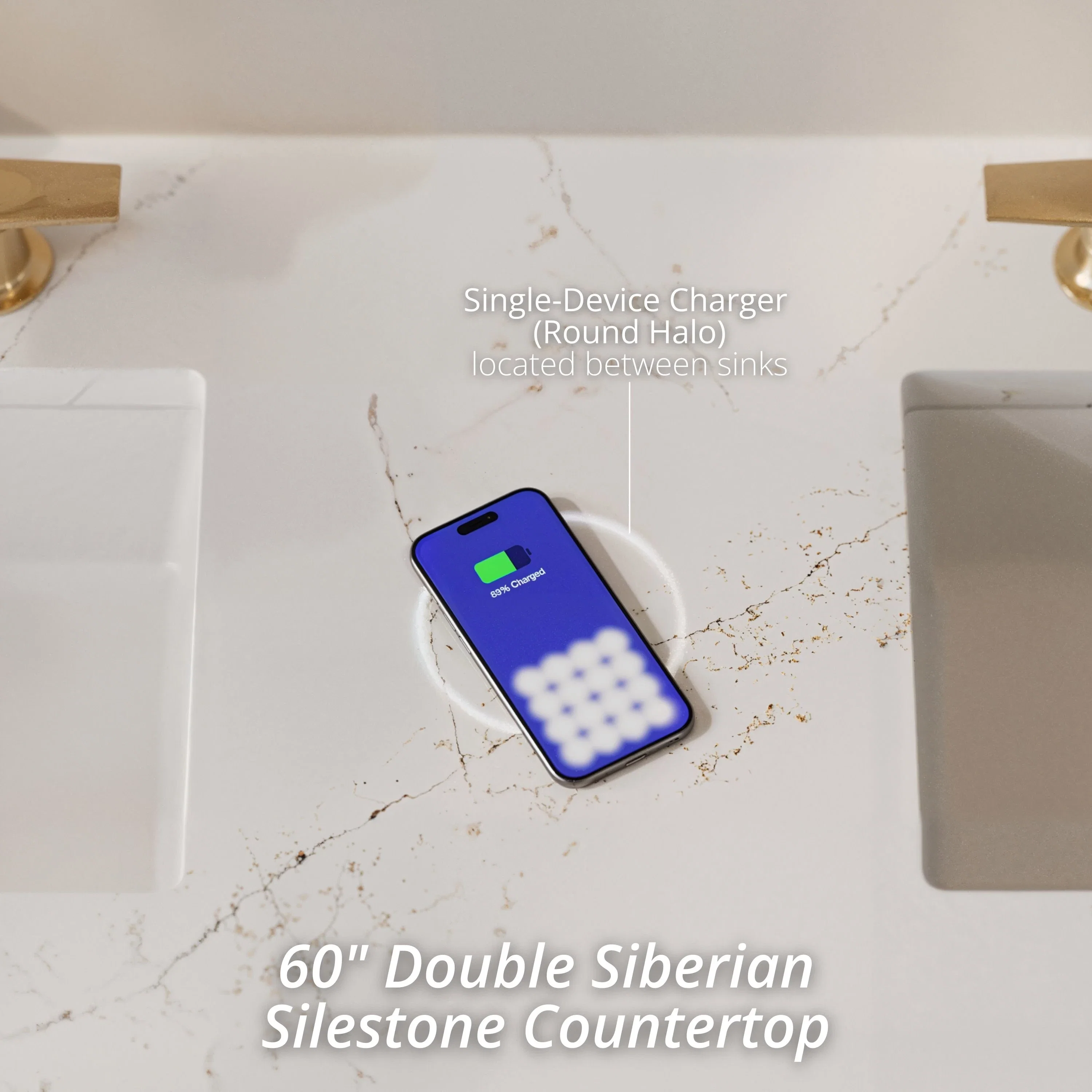 Myrrin 60" Double Vanity, Mid Century Walnut, w/ 3 CM Siberian Silestone Top w/FreePower Wireless Charger