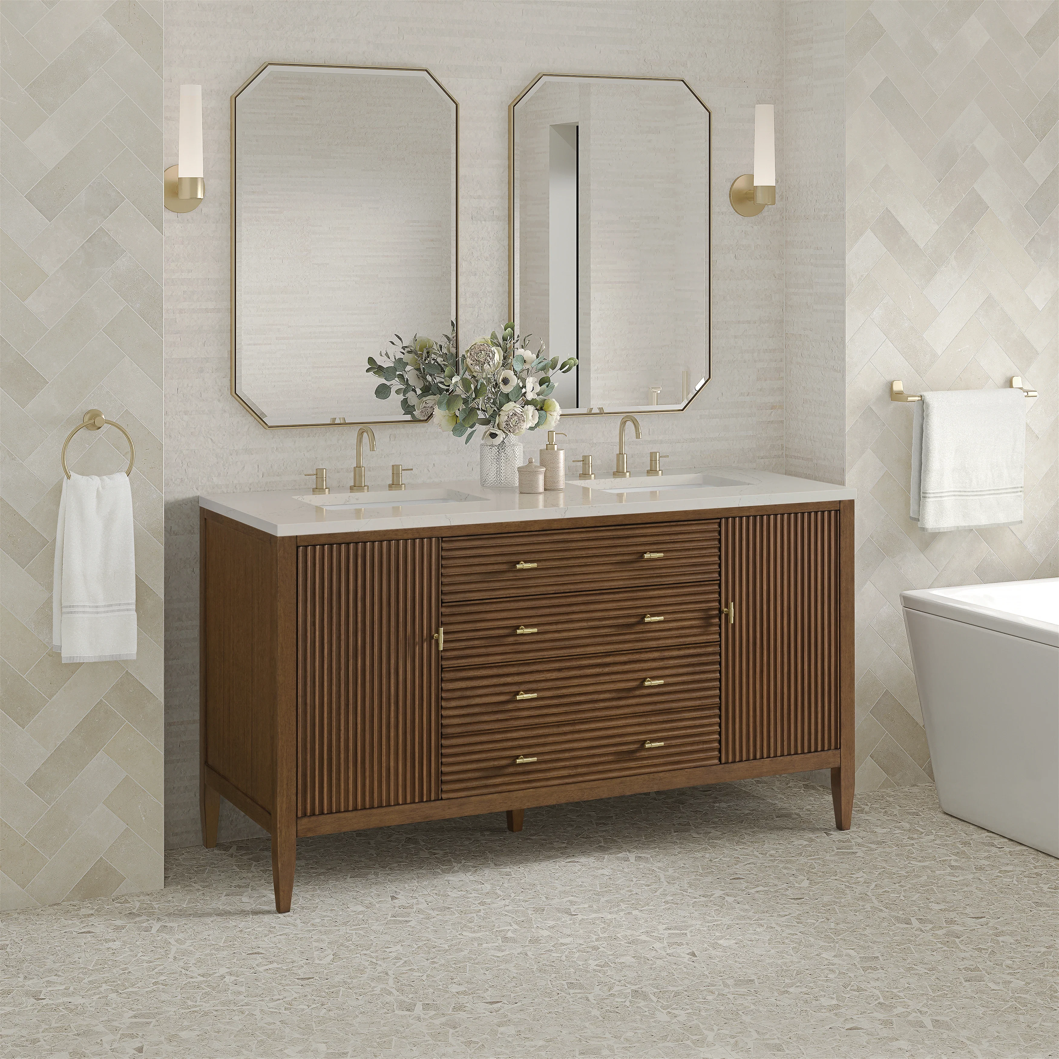 Myrrin 60" Double Vanity, Mid Century Walnut, w/ 3 CM Siberian Silestone Top w/FreePower Wireless Charger