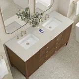 Myrrin 60" Double Vanity, Mid Century Walnut, w/ 3 CM Siberian Silestone Top w/FreePower Wireless Charger