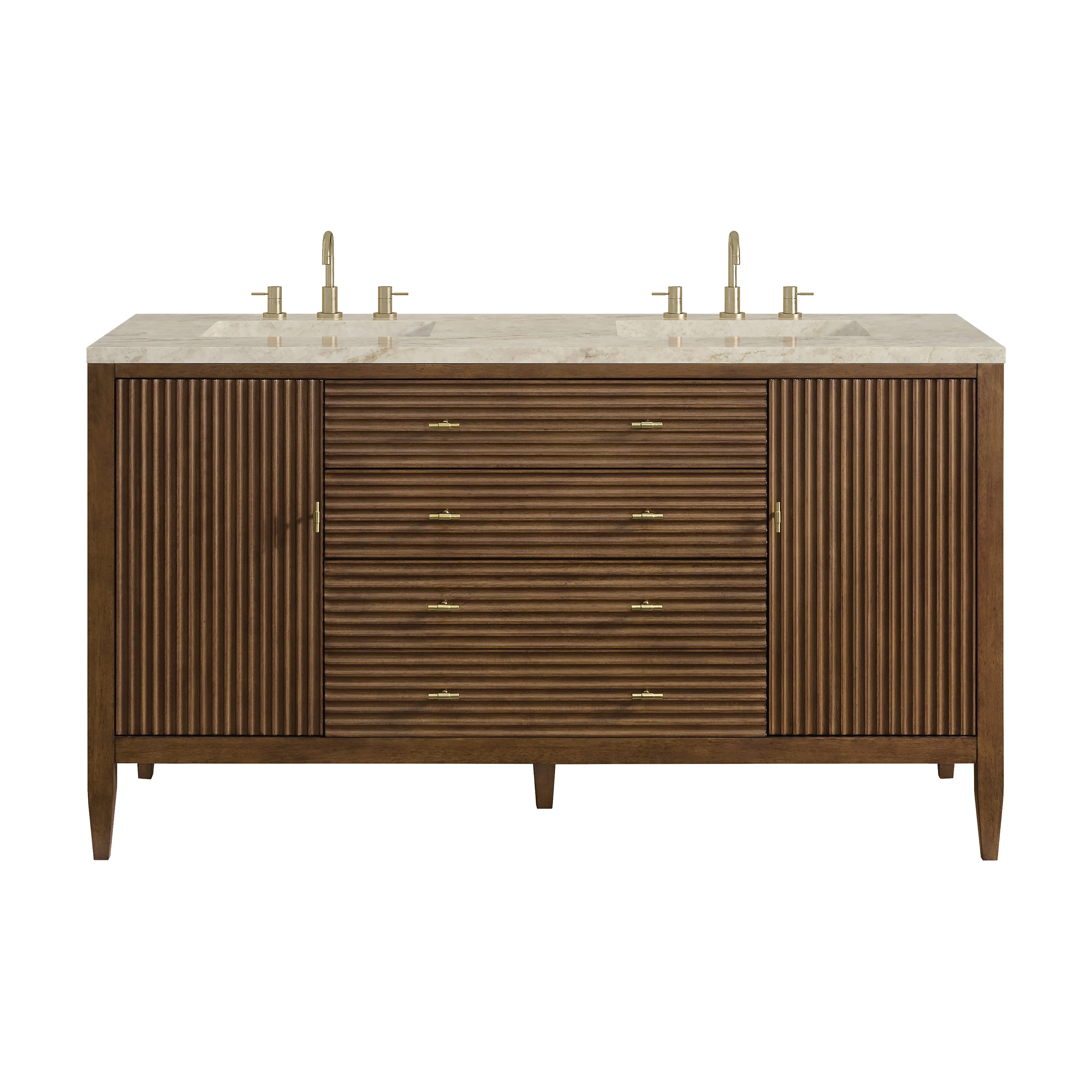 Myrrin 60" Double Vanity, Mid Century Walnut, w/ 3 CM Tajnar Eclos Top w/FreePower Wireless Charger