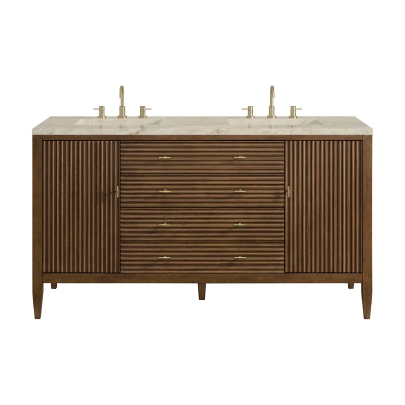 Myrrin 60" Double Vanity, Mid Century Walnut, w/ 3 CM Tajnar Eclos Top w/FreePower Wireless Charger