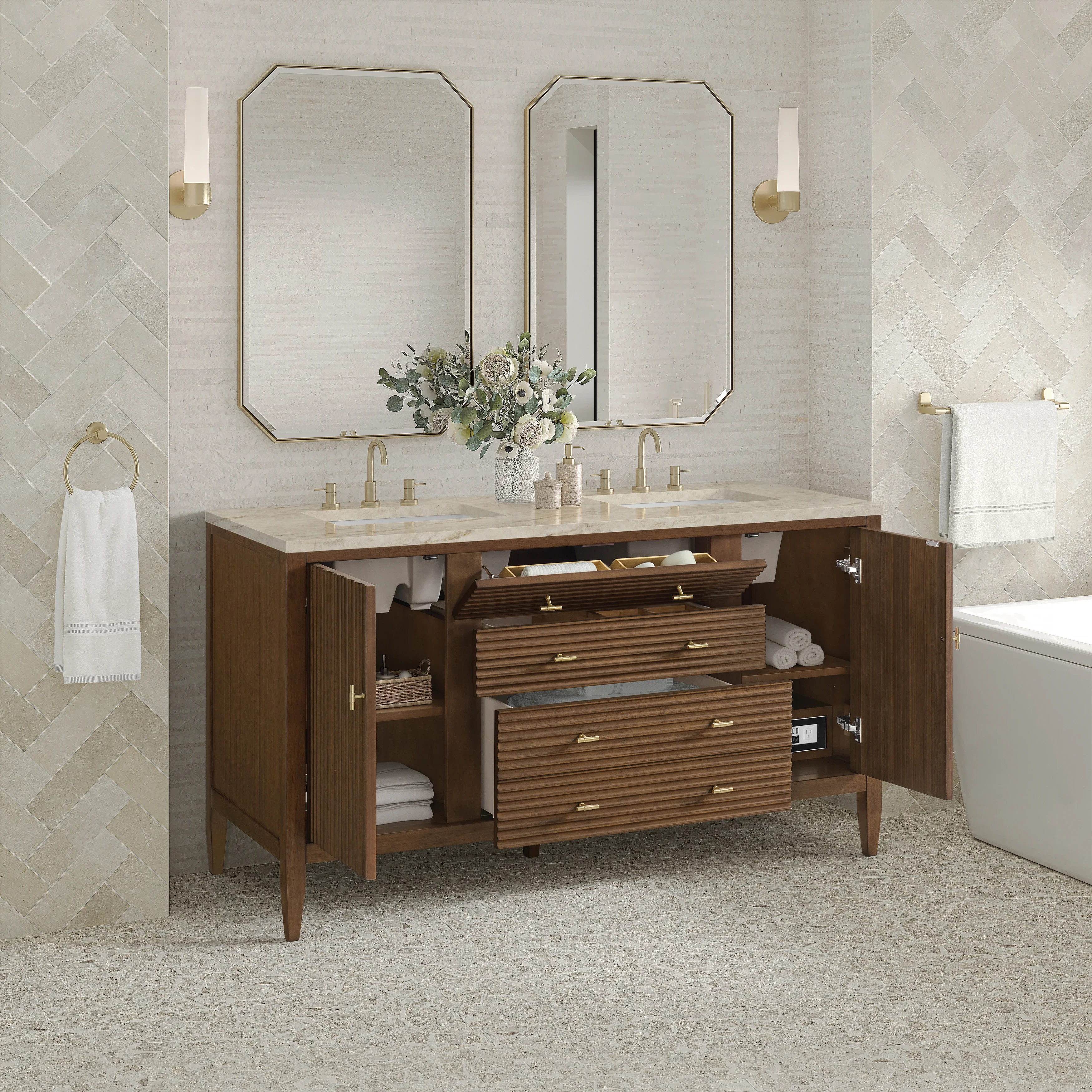 Myrrin 60" Double Vanity, Mid Century Walnut, w/ 3 CM Tajnar Eclos Top w/FreePower Wireless Charger