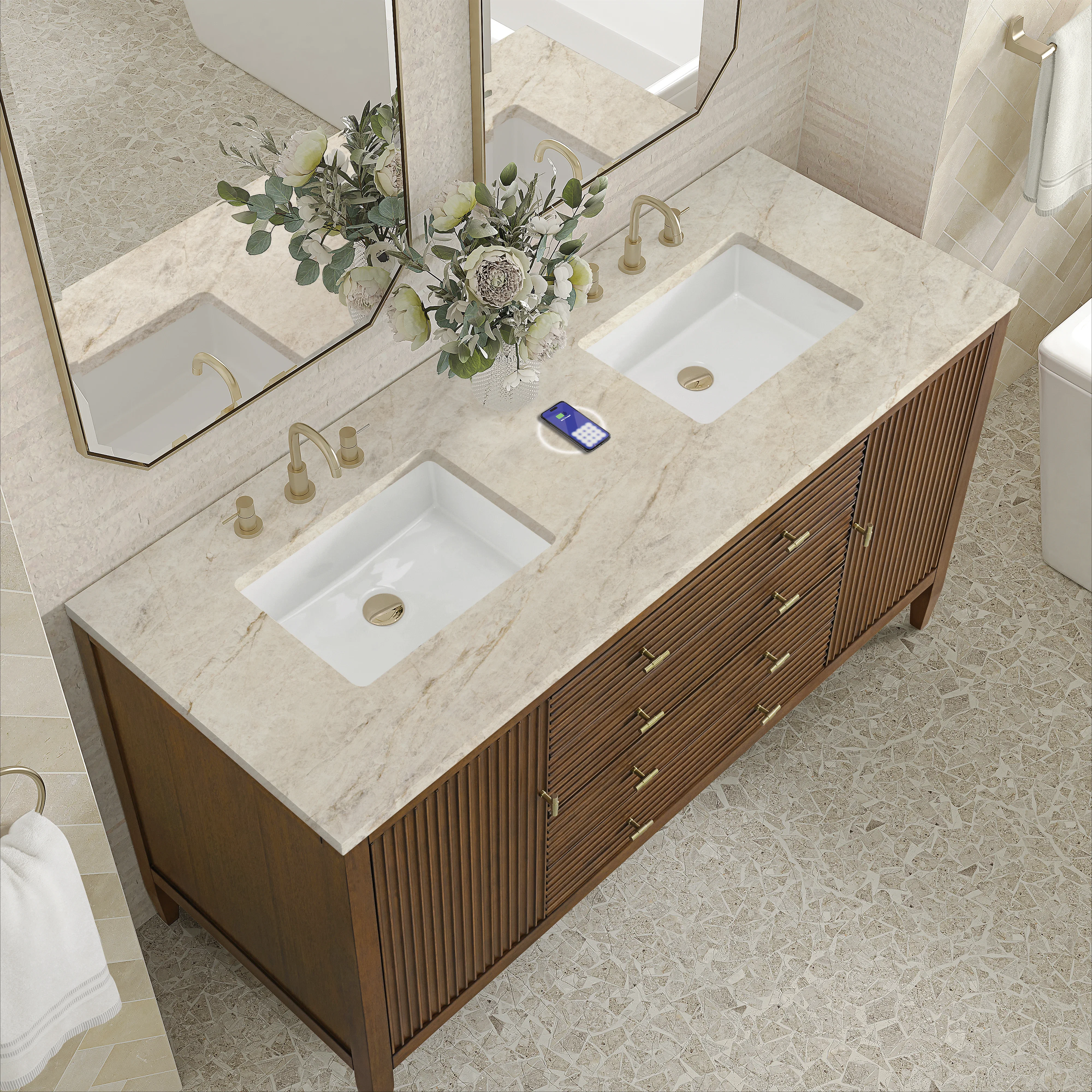 Myrrin 60" Double Vanity, Mid Century Walnut, w/ 3 CM Tajnar Eclos Top w/FreePower Wireless Charger