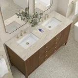 Myrrin 60" Double Vanity, Mid Century Walnut, w/ 3 CM Tajnar Eclos Top w/FreePower Wireless Charger