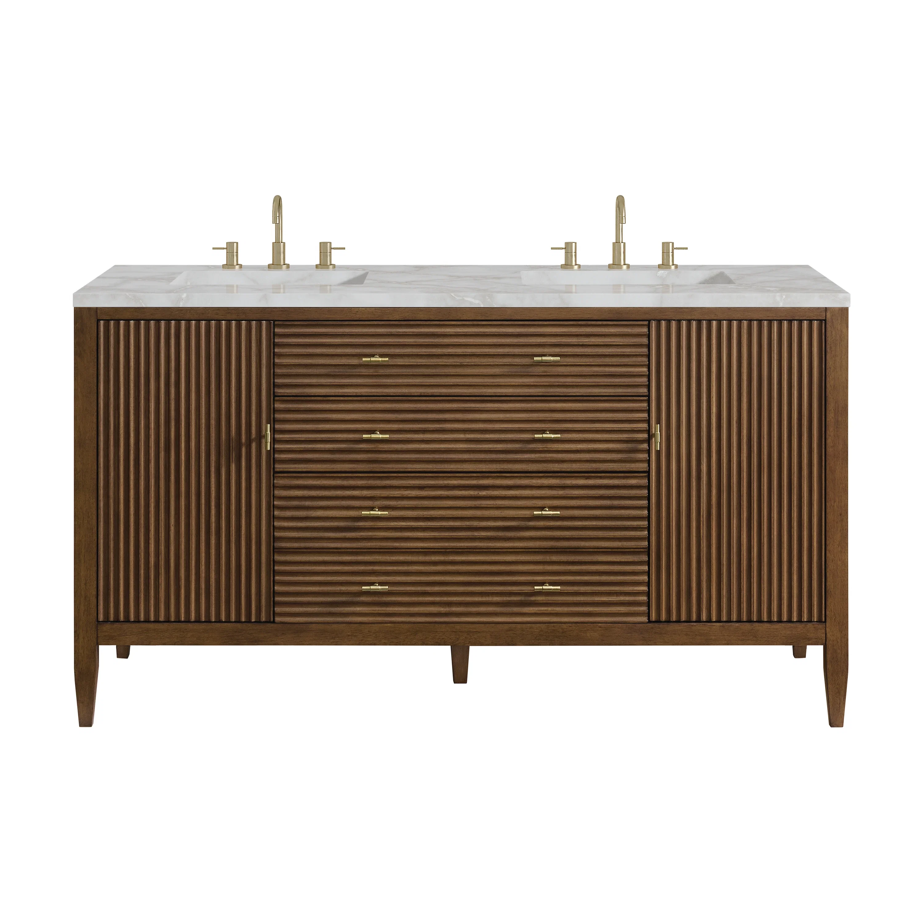 Myrrin 60" Double Vanity, Mid Century Walnut w/ 3 CM Victorian Silver Silestone Top w/FreePower Wireless Charger