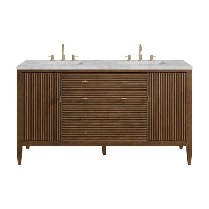 Myrrin 60" Double Vanity, Mid Century Walnut w/ 3 CM Victorian Silver Silestone Top w/FreePower Wireless Charger