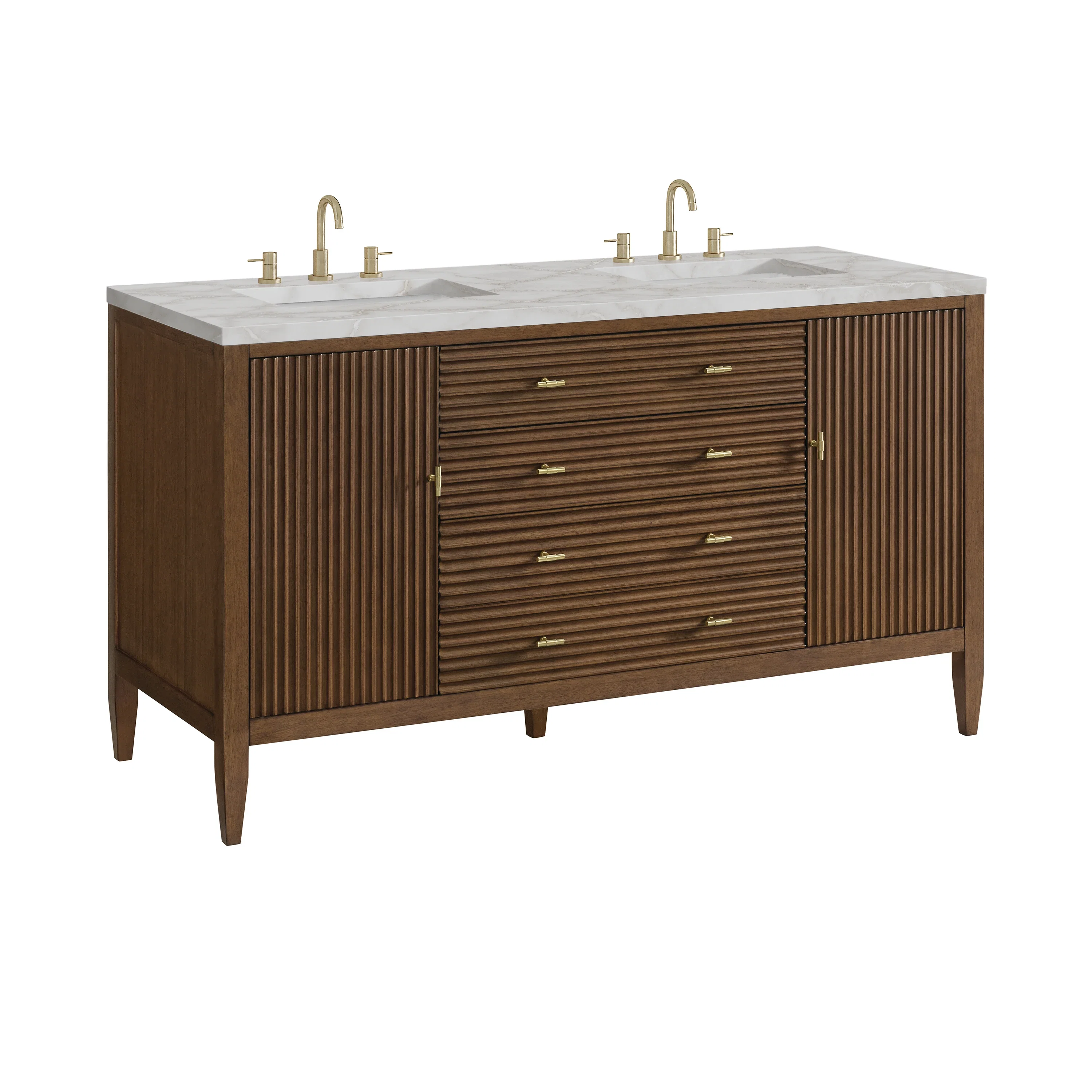 Myrrin 60" Double Vanity, Mid Century Walnut w/ 3 CM Victorian Silver Silestone Top w/FreePower Wireless Charger