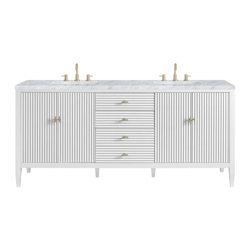 Myrrin 72" Double Vanity, Bright White w/ 3 CM Carrara White Marble Top