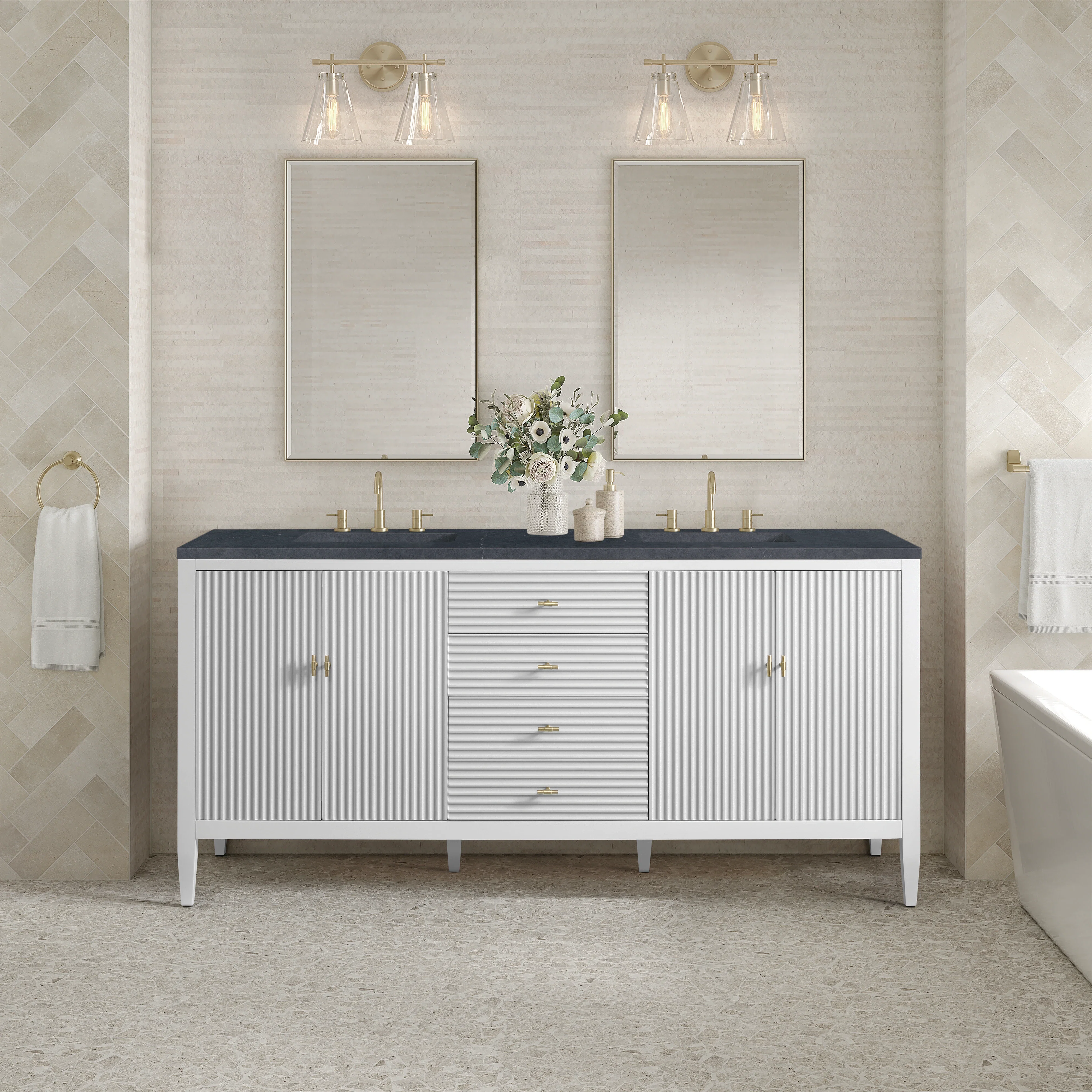 Myrrin 72" Double Vanity, Bright White w/ 3 CM Charcoal Soapstone Silestone Top