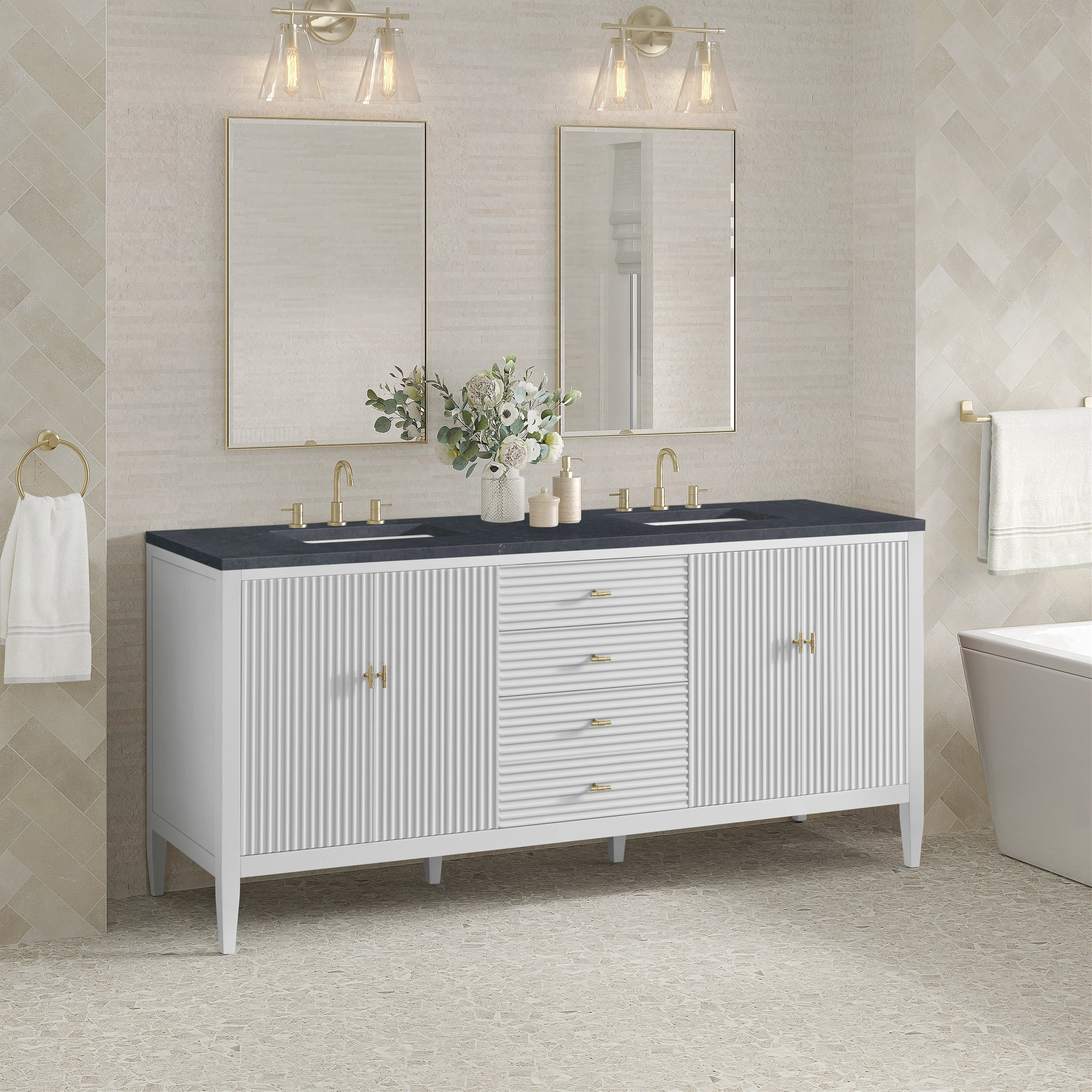 Myrrin 72" Double Vanity, Bright White w/ 3 CM Charcoal Soapstone Silestone Top