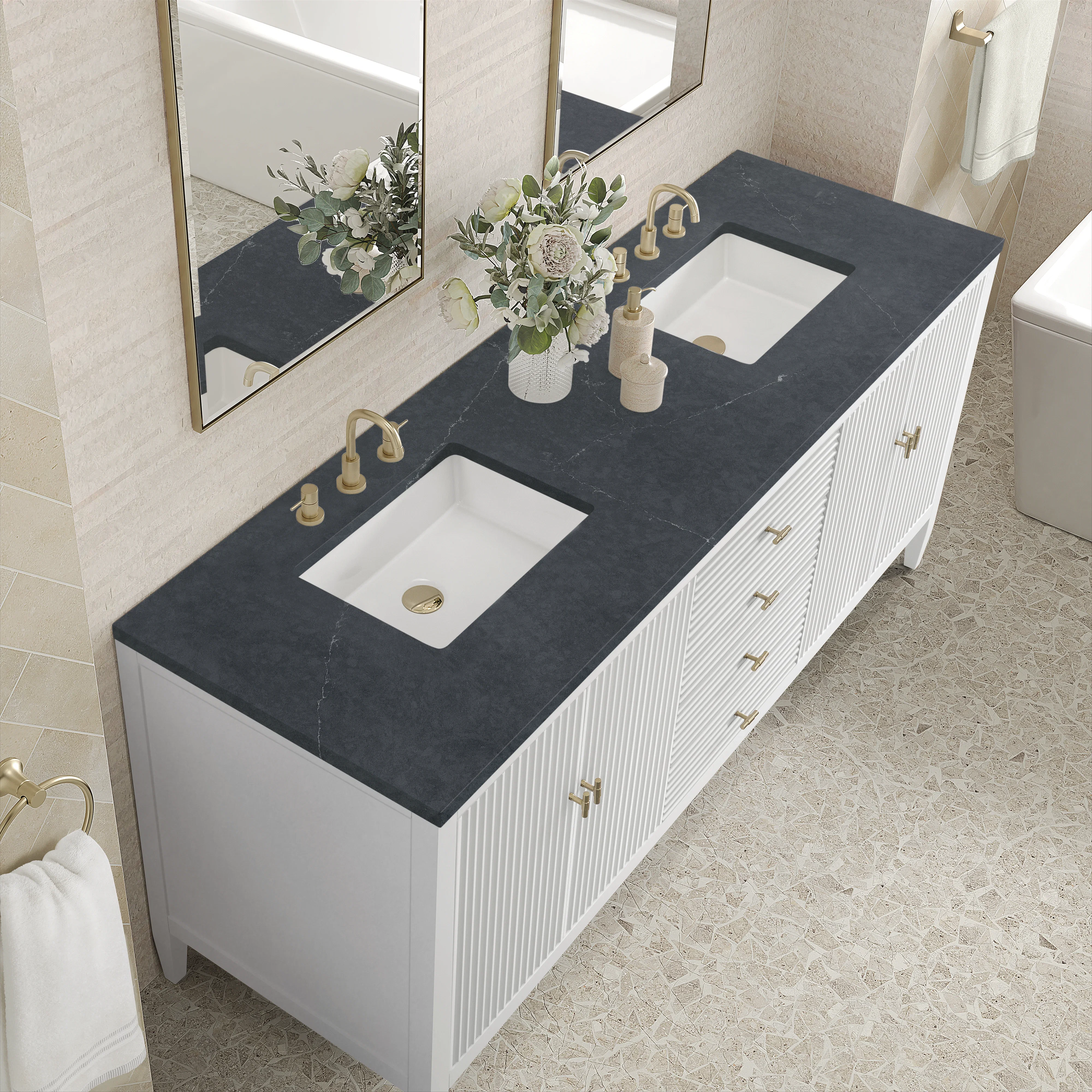 Myrrin 72" Double Vanity, Bright White w/ 3 CM Charcoal Soapstone Silestone Top