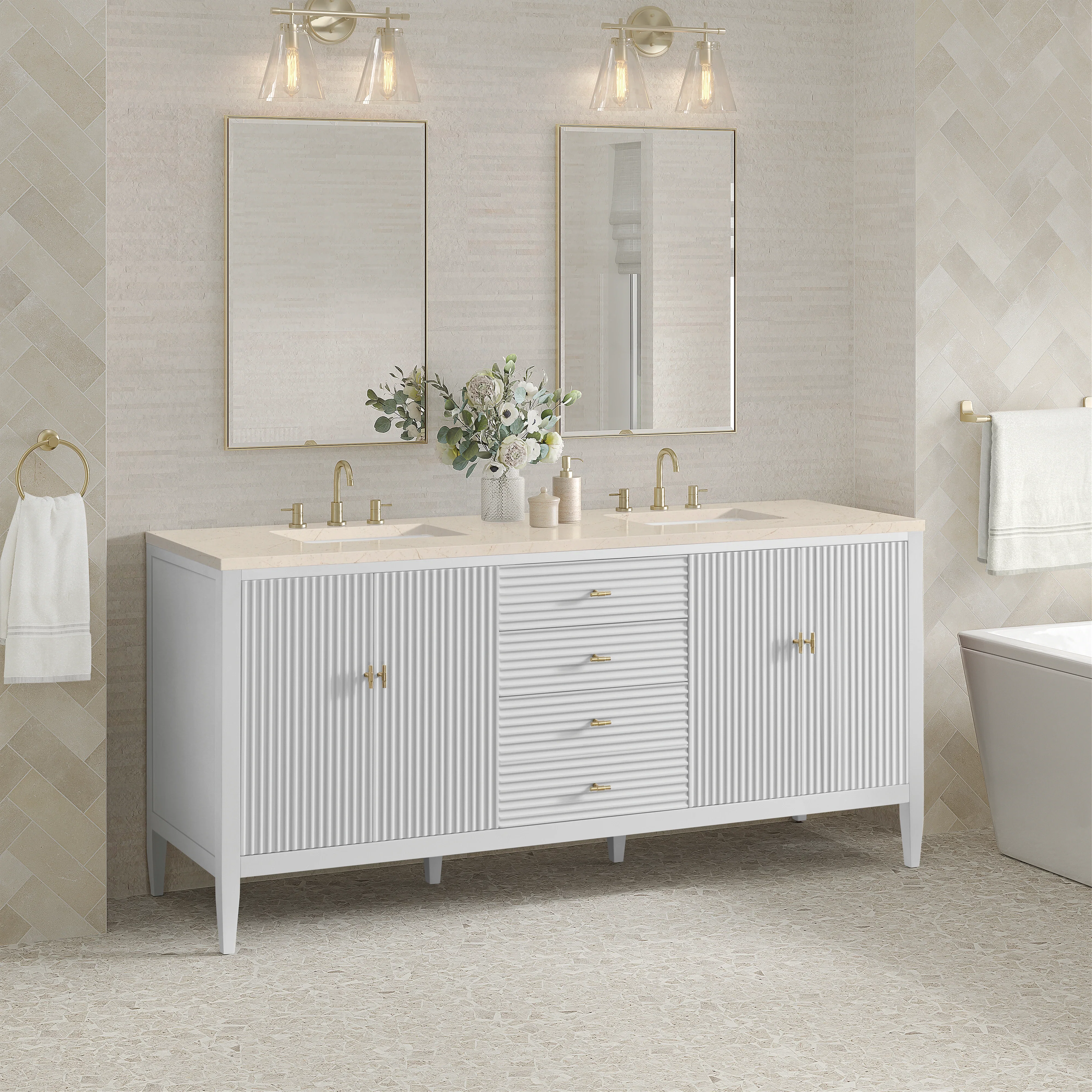 Myrrin 72" Double Vanity, Bright White w/ 3 CM Eternal Marfil Silestone Top