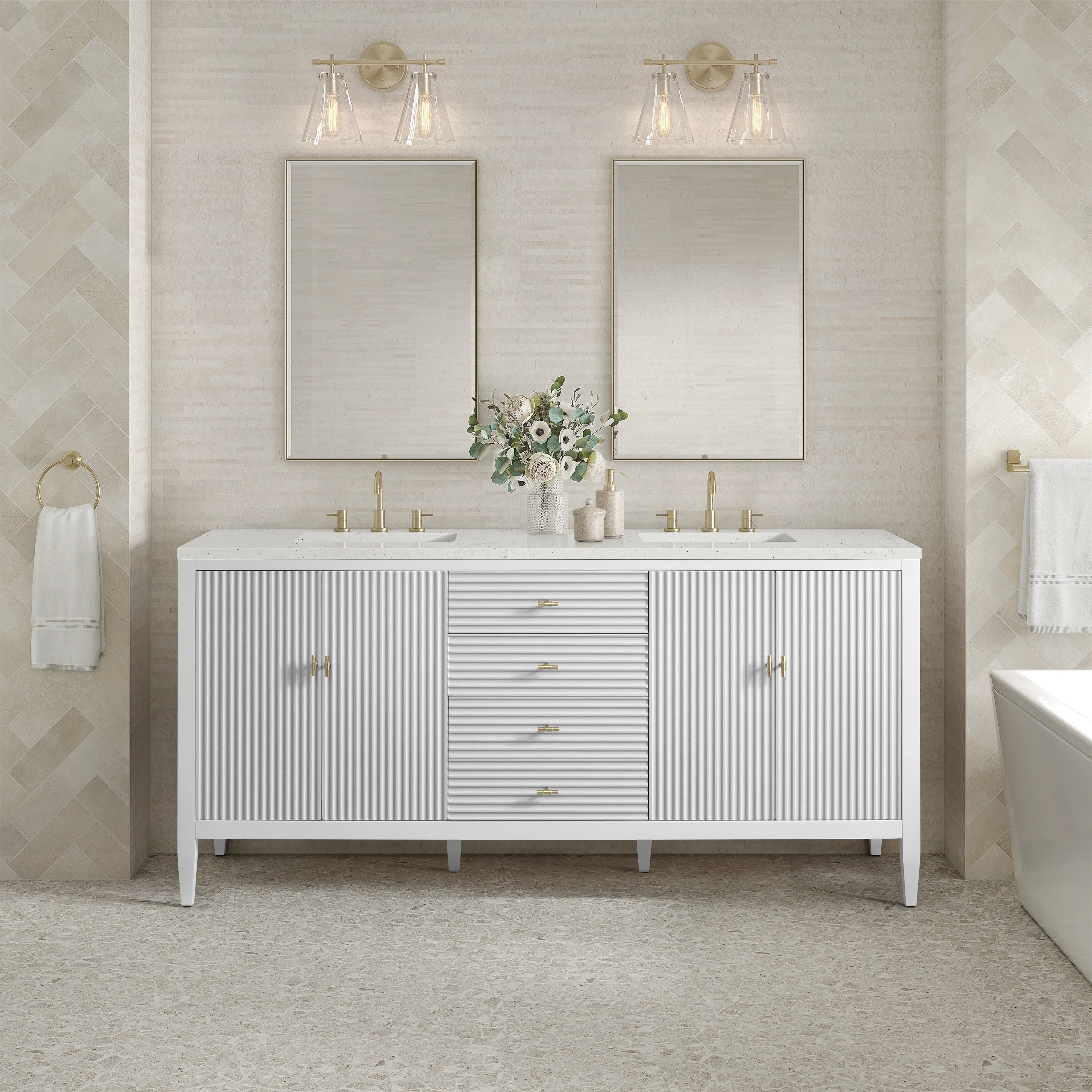Myrrin 72" Double Vanity, Bright White w/ 3 CM Lime Delight Silestone Top