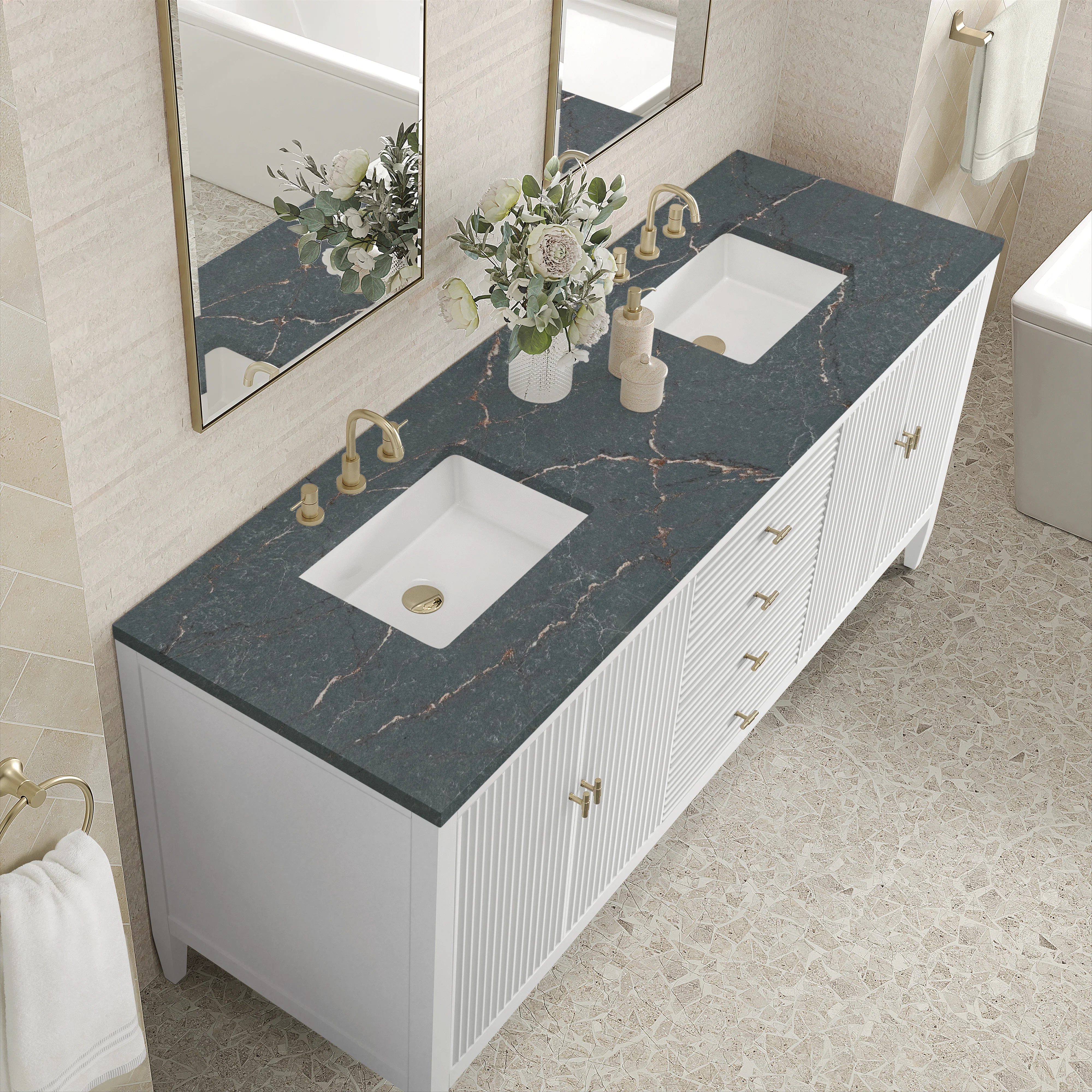 Myrrin 72" Double Vanity, Bright White w/ 3 CM Parisien Bleu Silestone Top