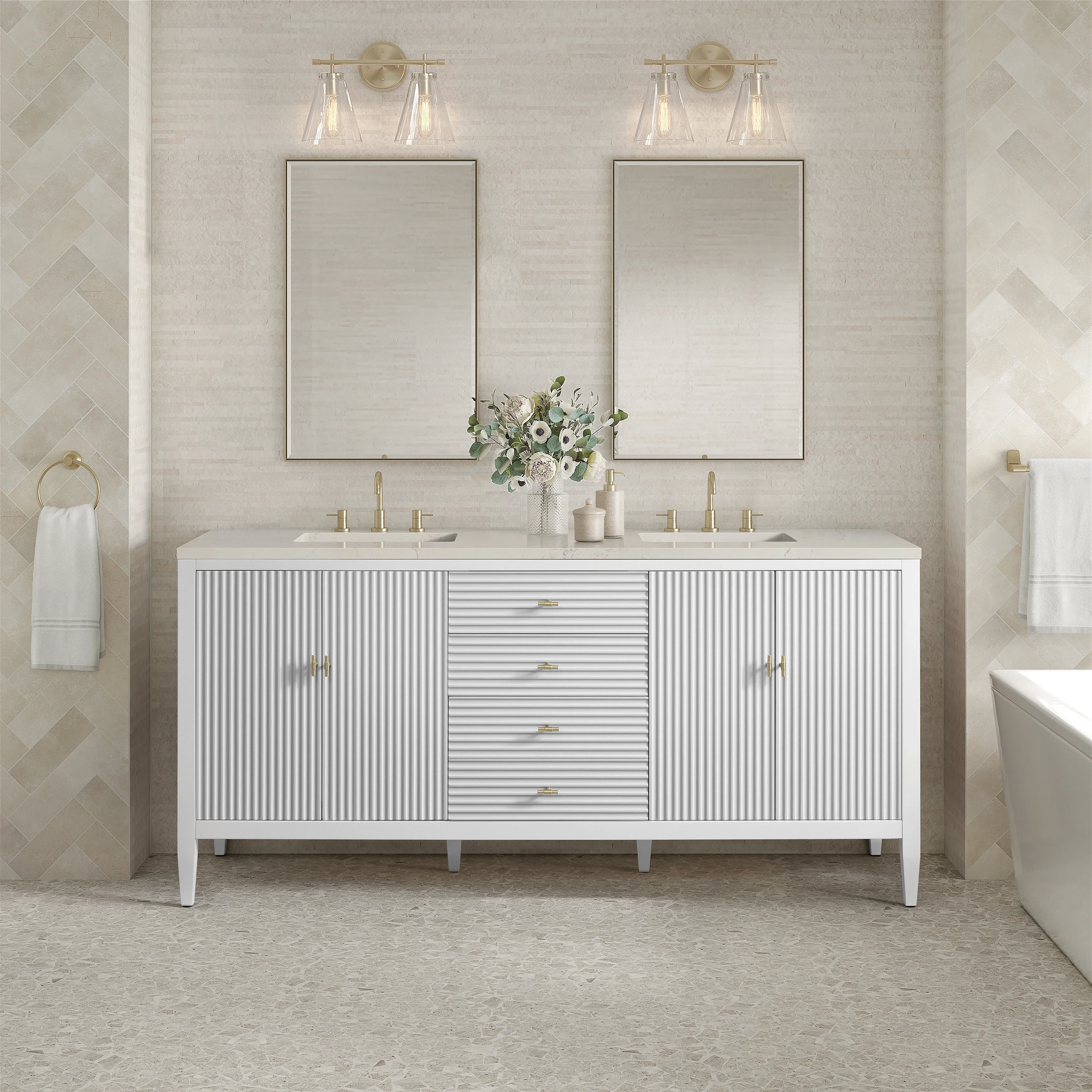 Myrrin 72" Vanity, Bright White, w/ 3 CM Siberian Silestone Top
