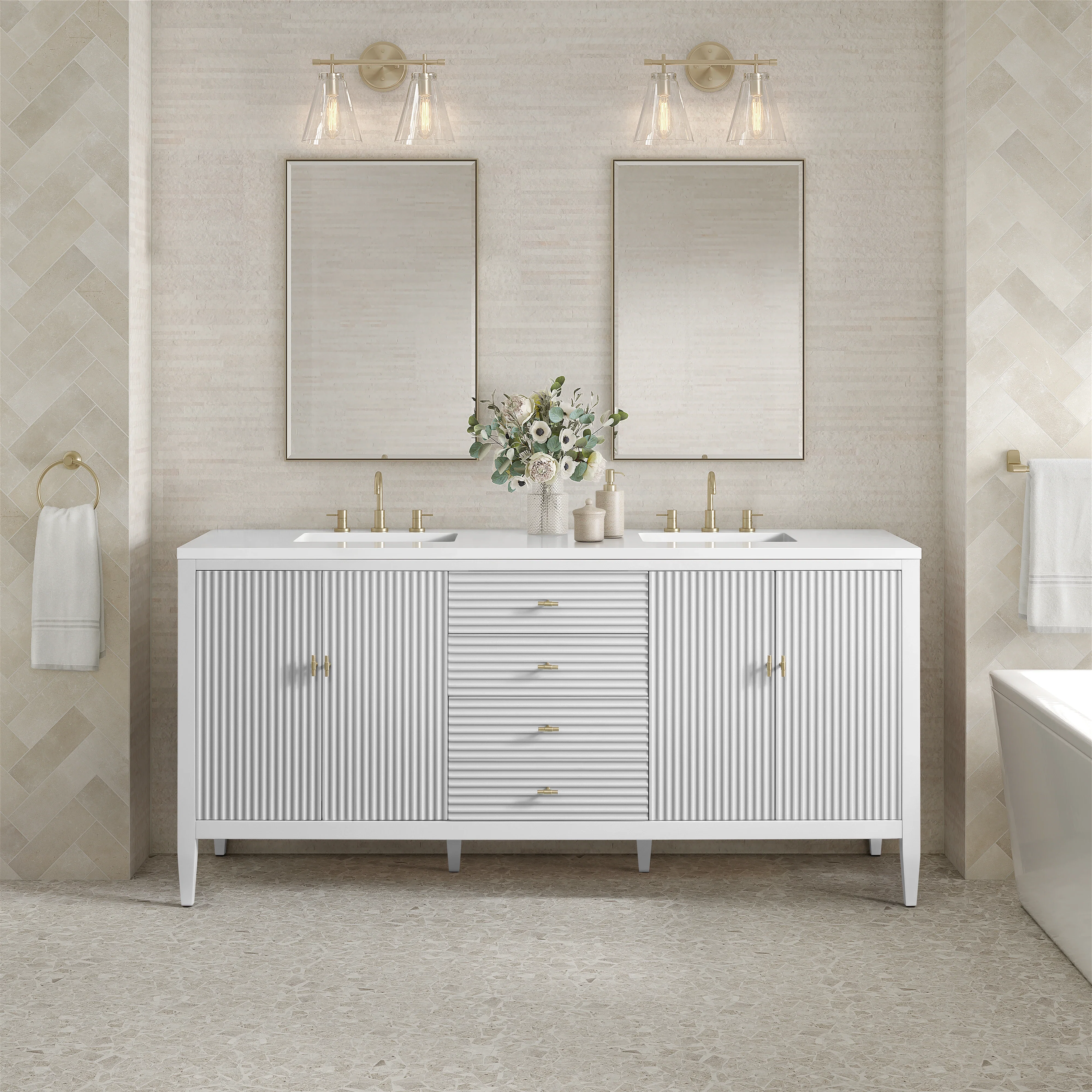 Myrrin 72" Double Vanity, Bright White w/ 3 CM White Zeus Silestone Top