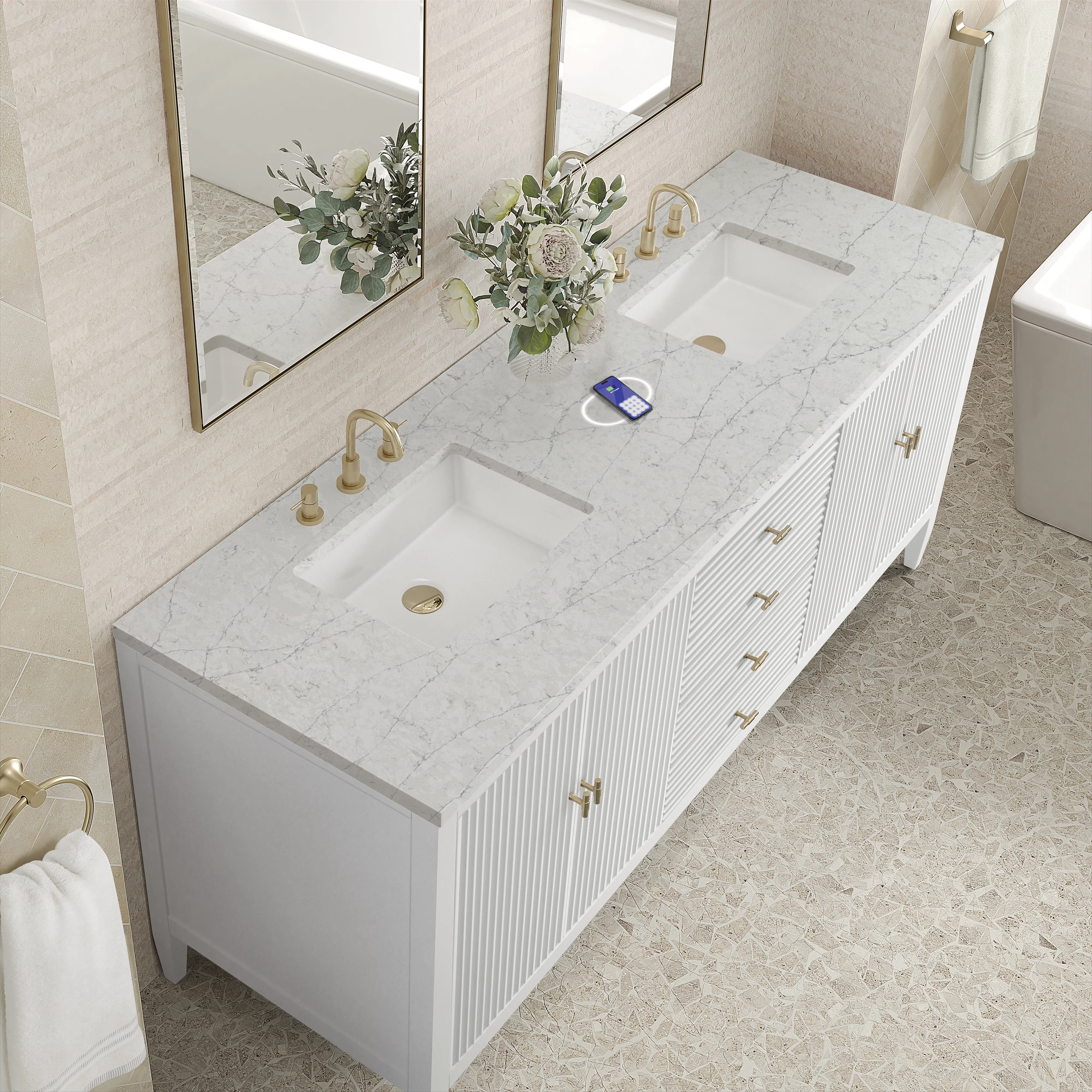 Myrrin 72" Double Vanity, Bright White w/ 3 CM Eternal Jasmine Pearl Silestone Top w/FreePower Wireless Charger