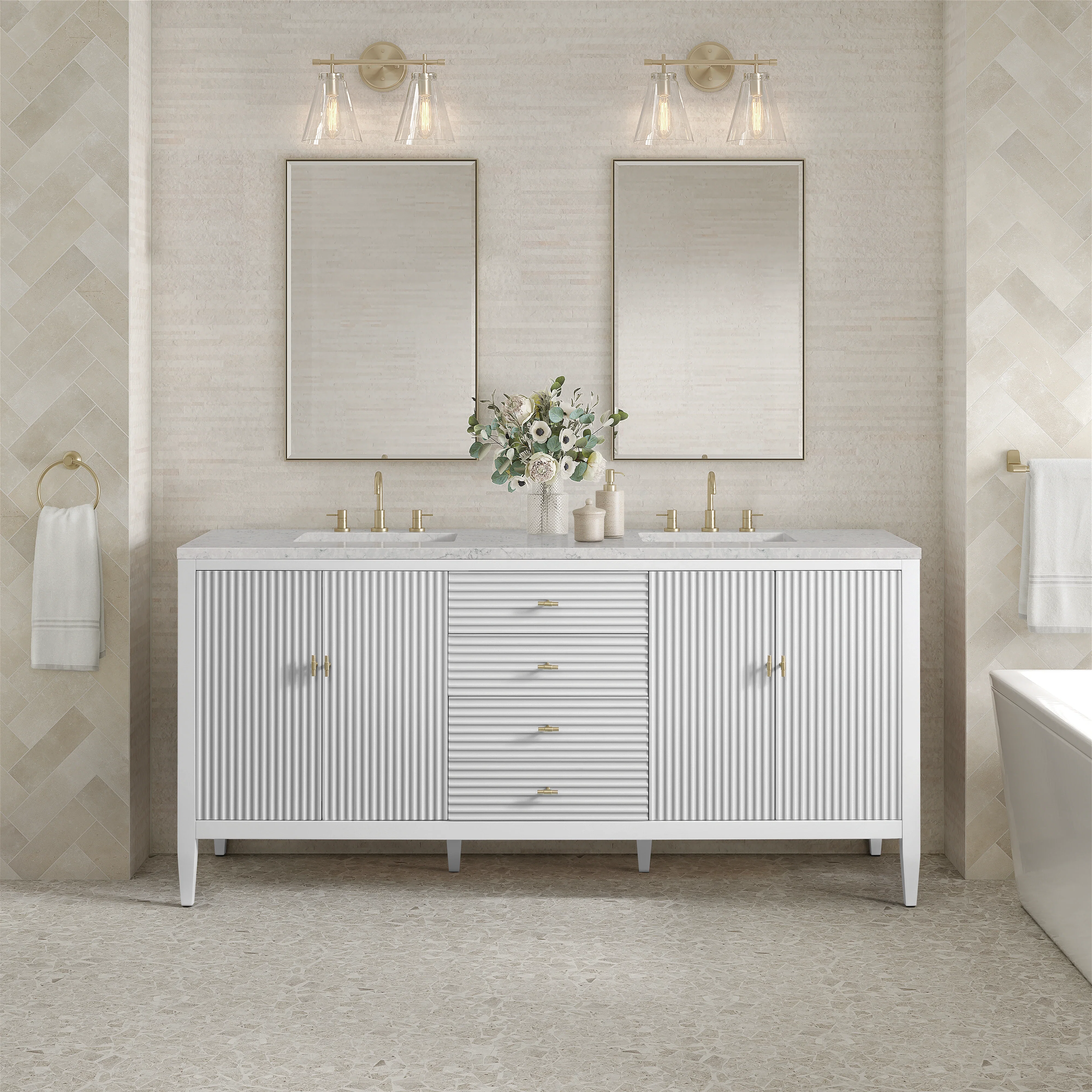 Myrrin 72" Double Vanity, Bright White w/ 3 CM Eternal Jasmine Pearl Silestone Top w/FreePower Wireless Charger