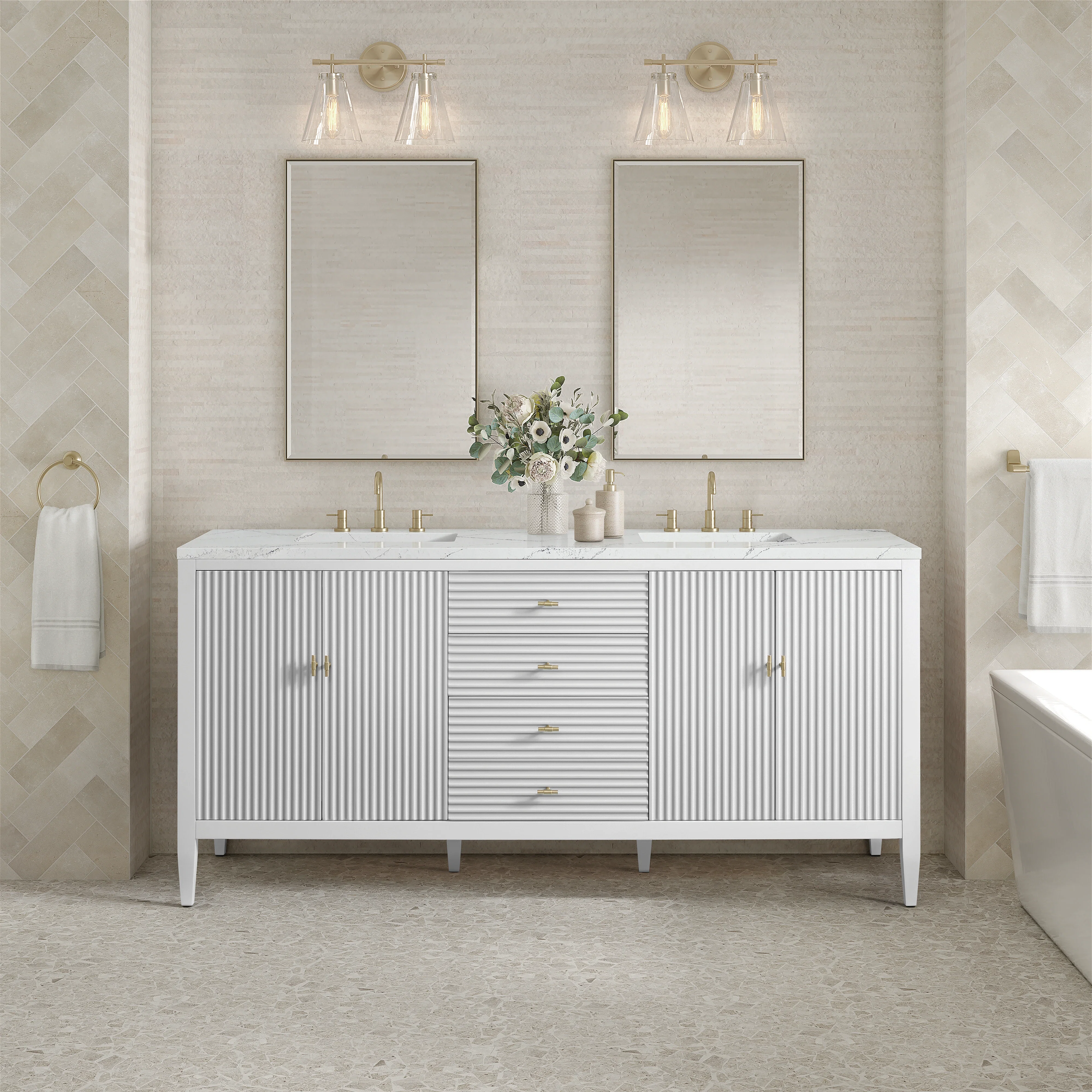 Myrrin 72" Double Vanity, Bright White w/ 3 CM Ethereal Noctis Silestone Top w/FreePower Wireless Charger