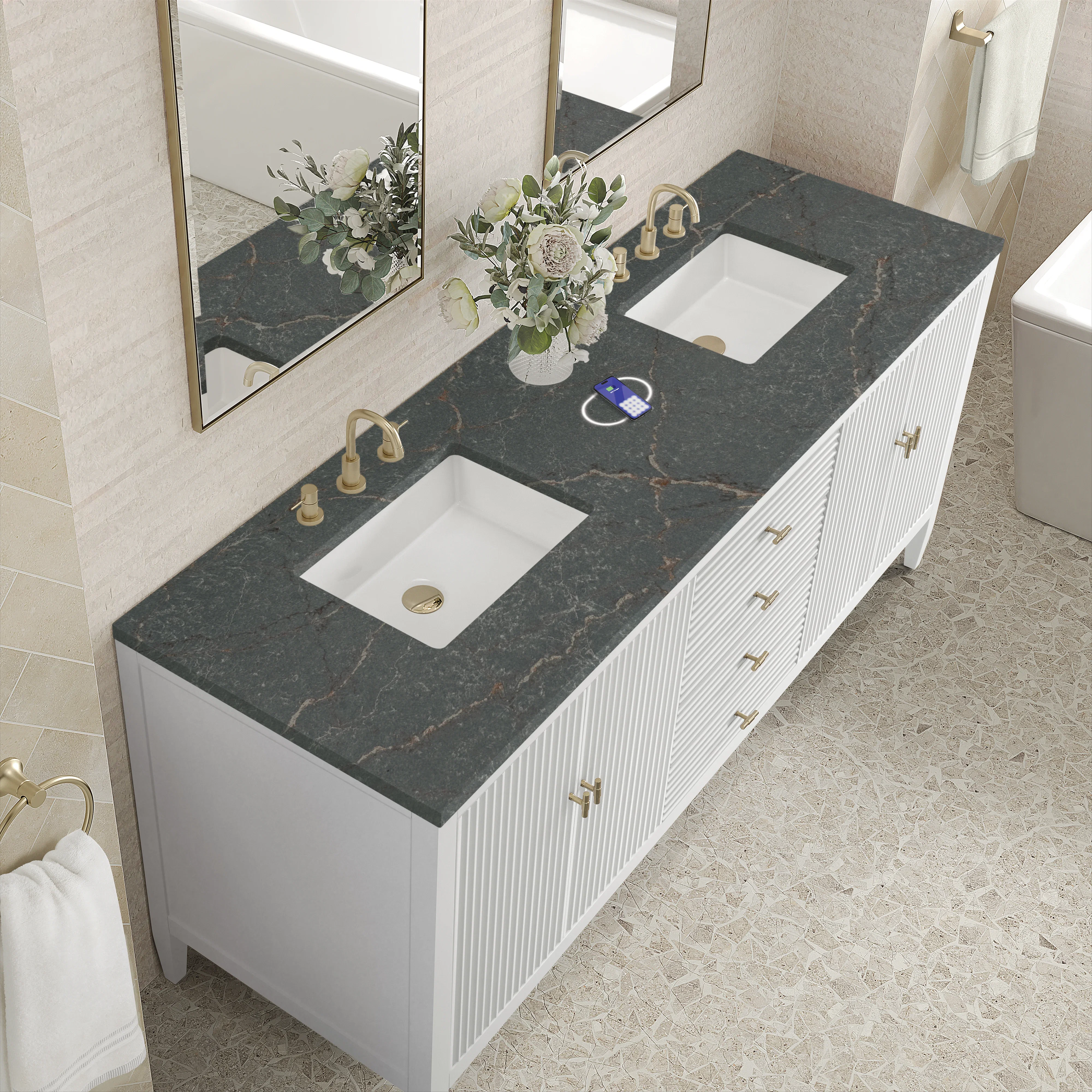 Myrrin 72" Double Vanity, Bright White w/ 3 CM Parisien Bleu Silestone Top w/FreePower Wireless Charger