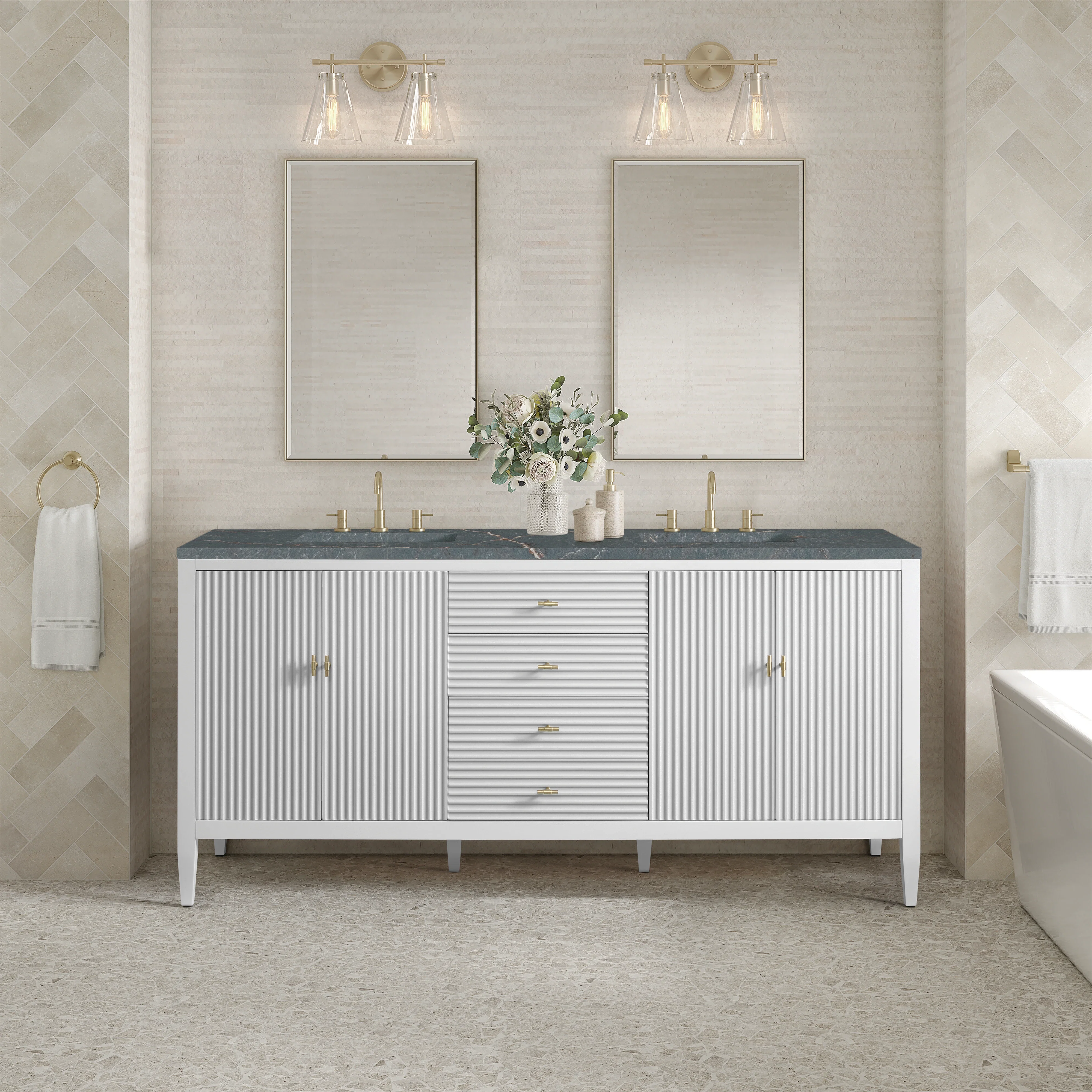 Myrrin 72" Double Vanity, Bright White w/ 3 CM Parisien Bleu Silestone Top w/FreePower Wireless Charger