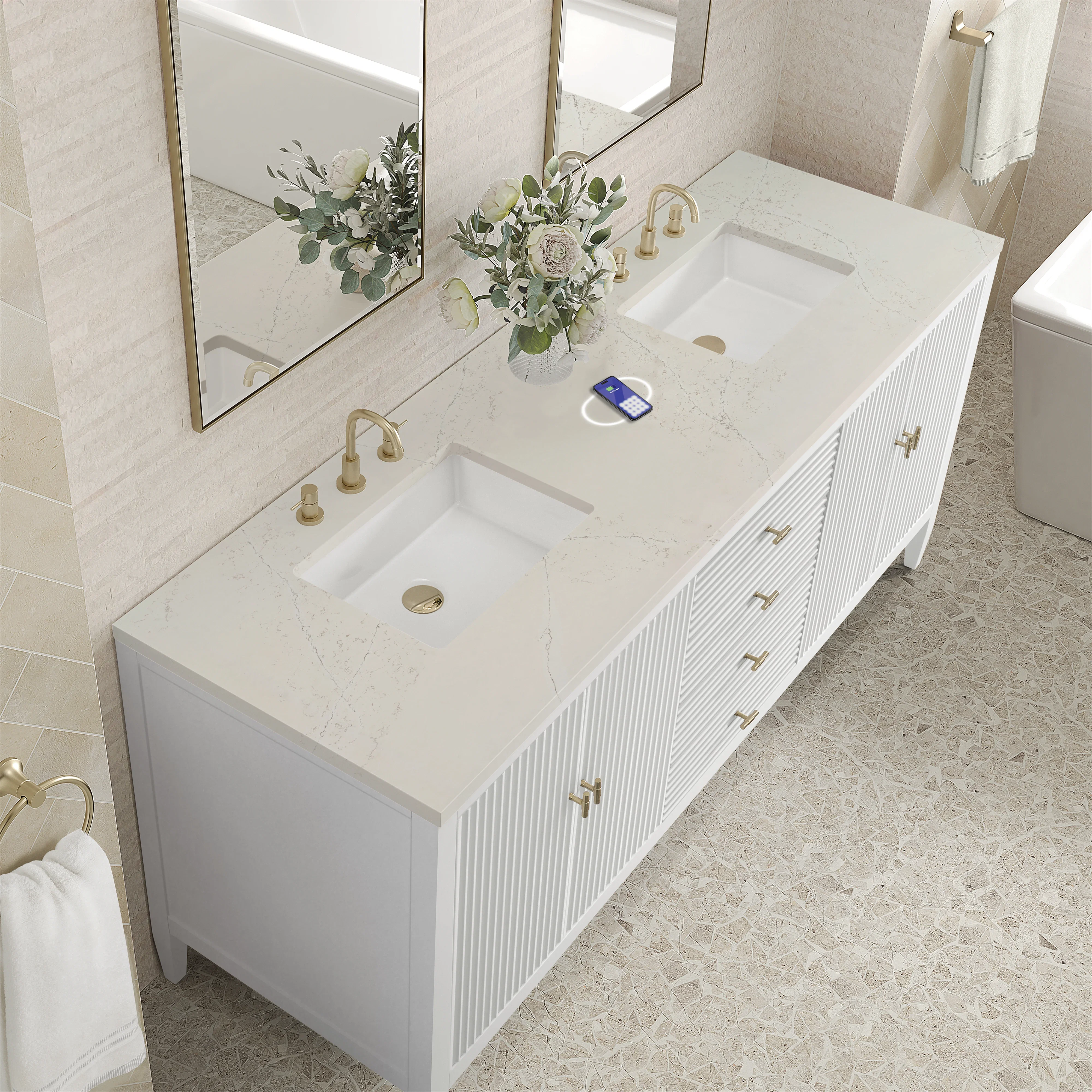 Myrrin 72" Vanity, Bright White, w/ 3 CM Siberian Silestone Top w/FreePower Wireless Charger