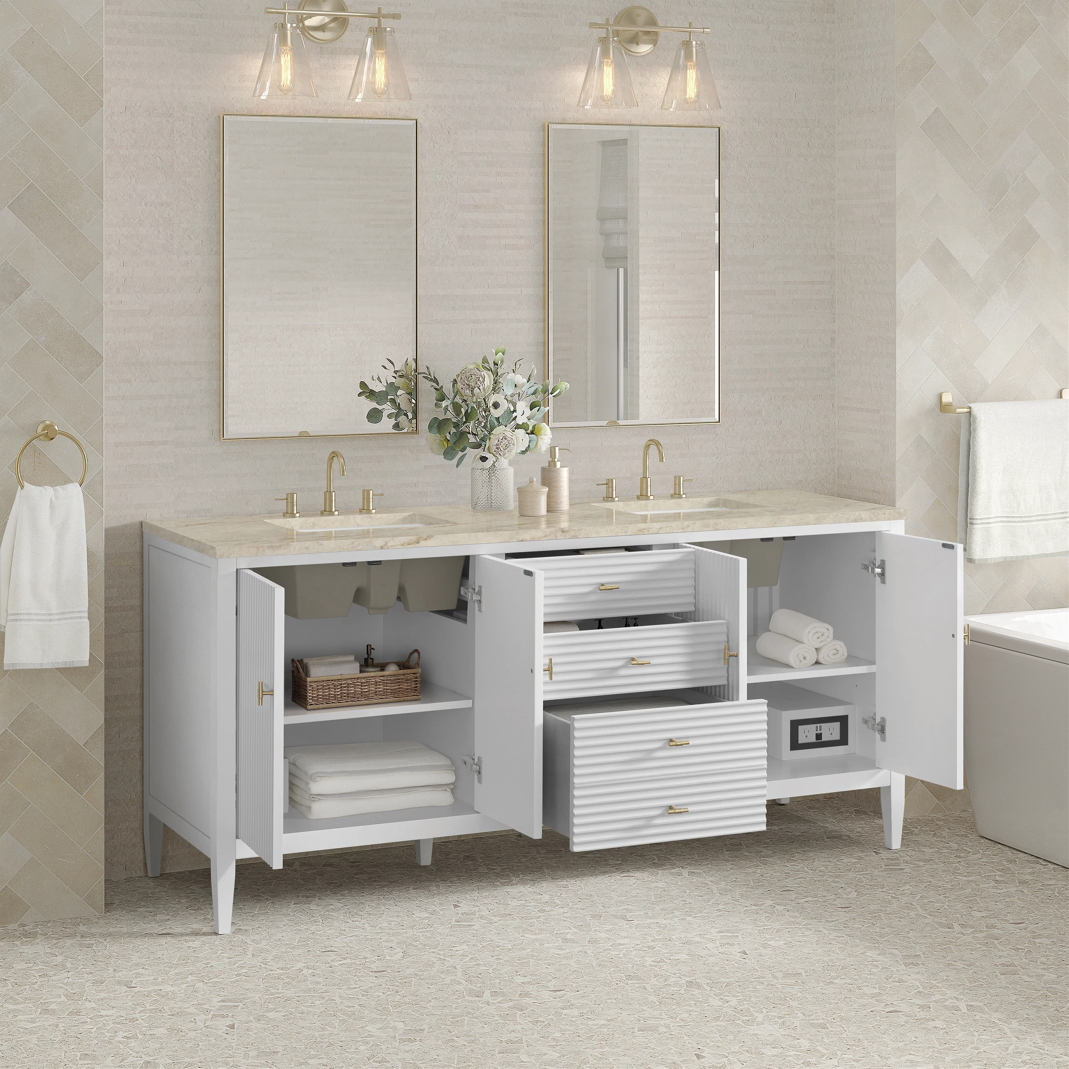 Myrrin 72" Vanity, Bright White, w/ 3 CM Tajnar Eclos Top w/FreePower Wireless Charger