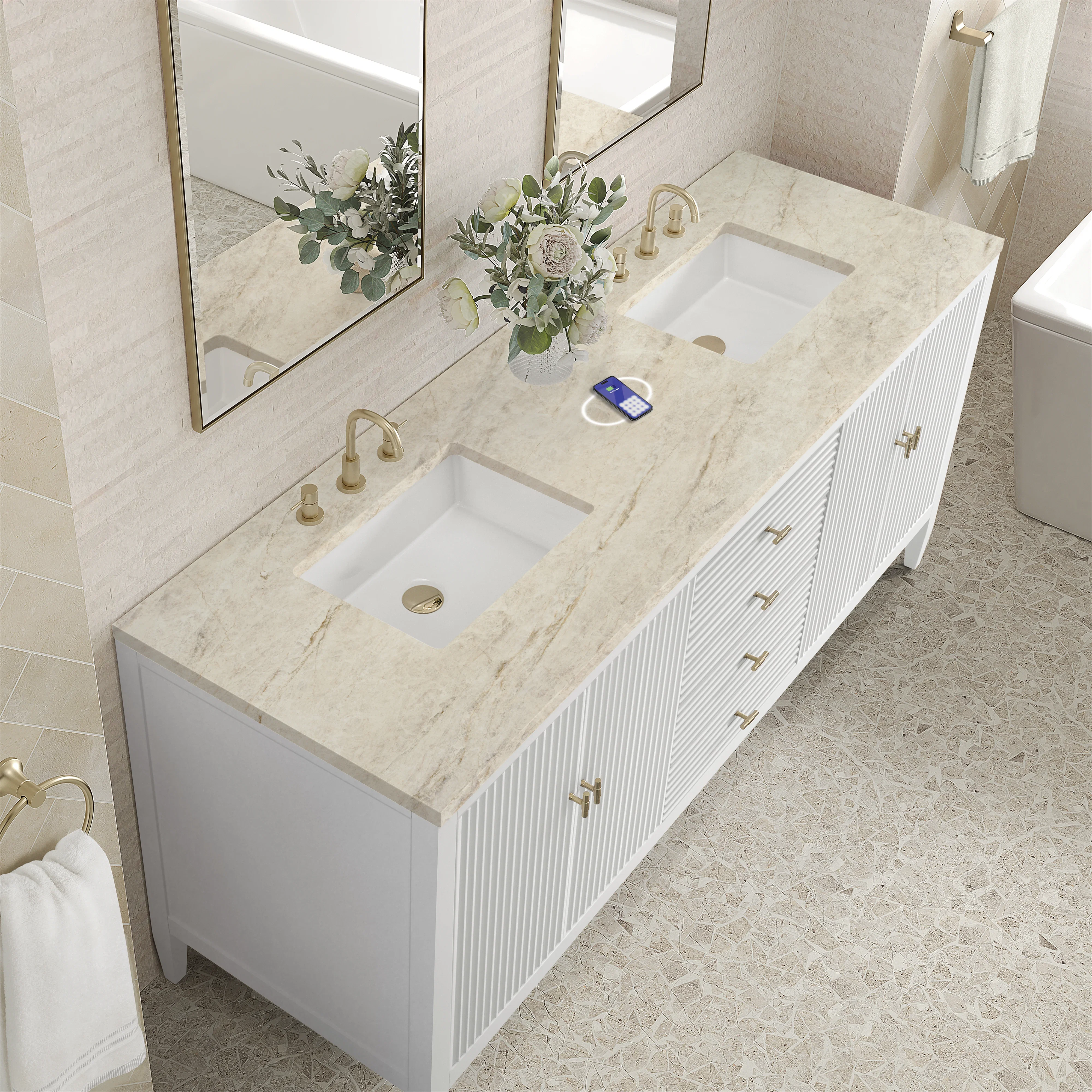 Myrrin 72" Vanity, Bright White, w/ 3 CM Tajnar Eclos Top w/FreePower Wireless Charger