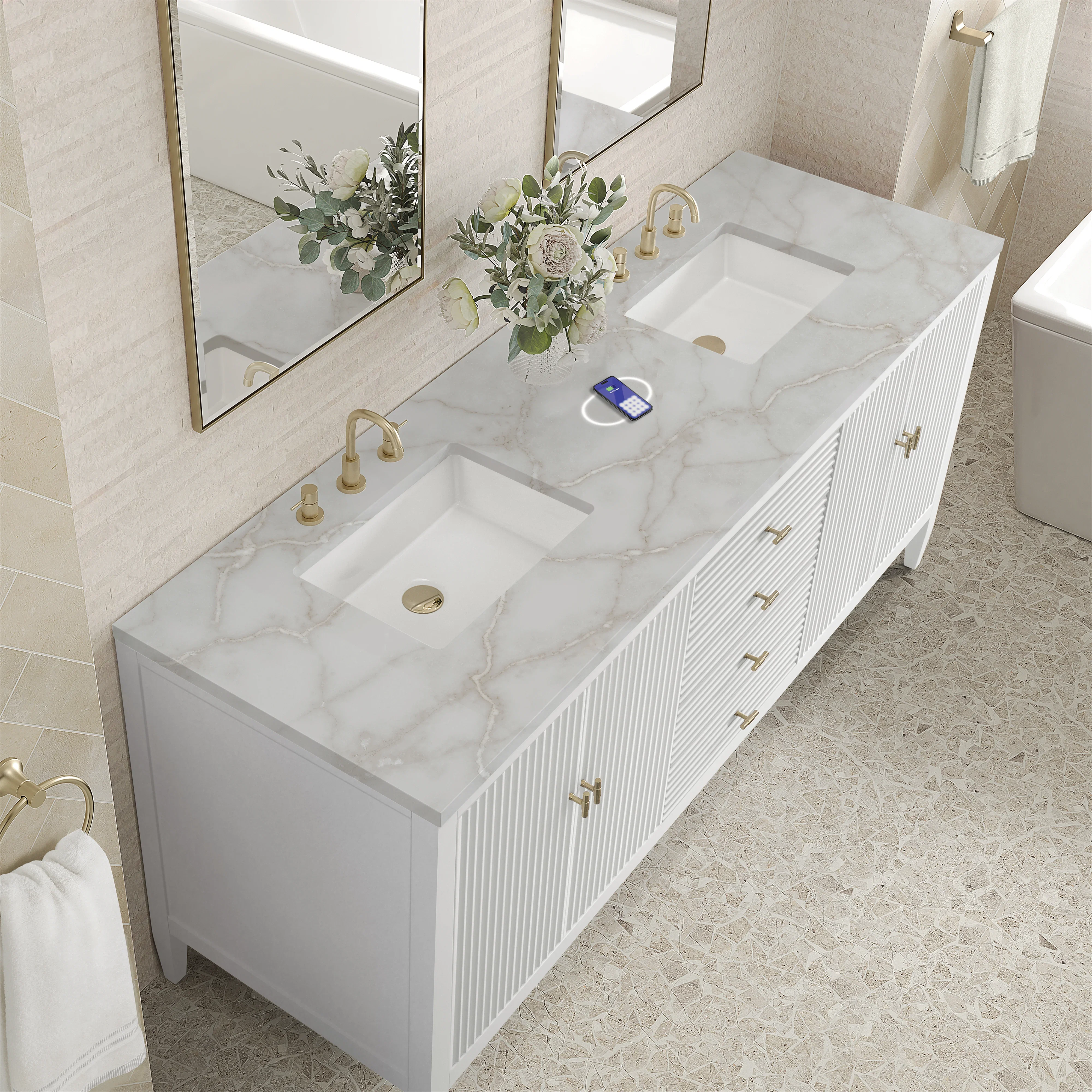 Myrrin 72" Double Vanity, Bright White w/ 3 CM Victorian Silver Silestone Top w/FreePower Wireless Charger