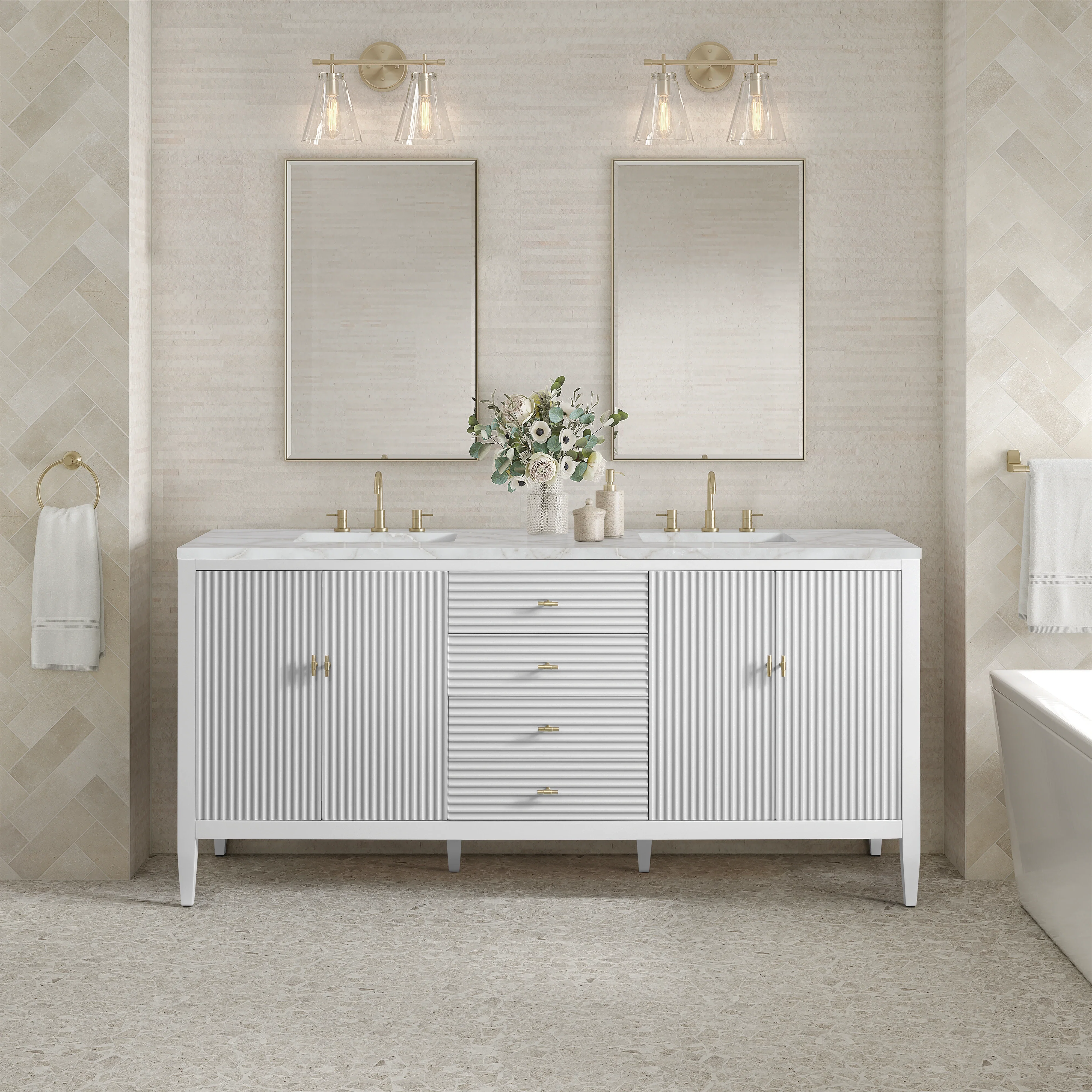 Myrrin 72" Double Vanity, Bright White w/ 3 CM Victorian Silver Silestone Top w/FreePower Wireless Charger