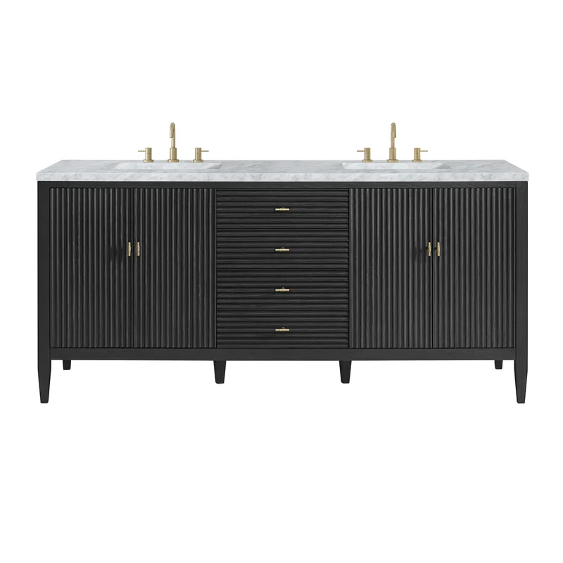 Myrrin 72" Double Vanity, Carbon Oak w/ 3 CM Carrara White Marble Top