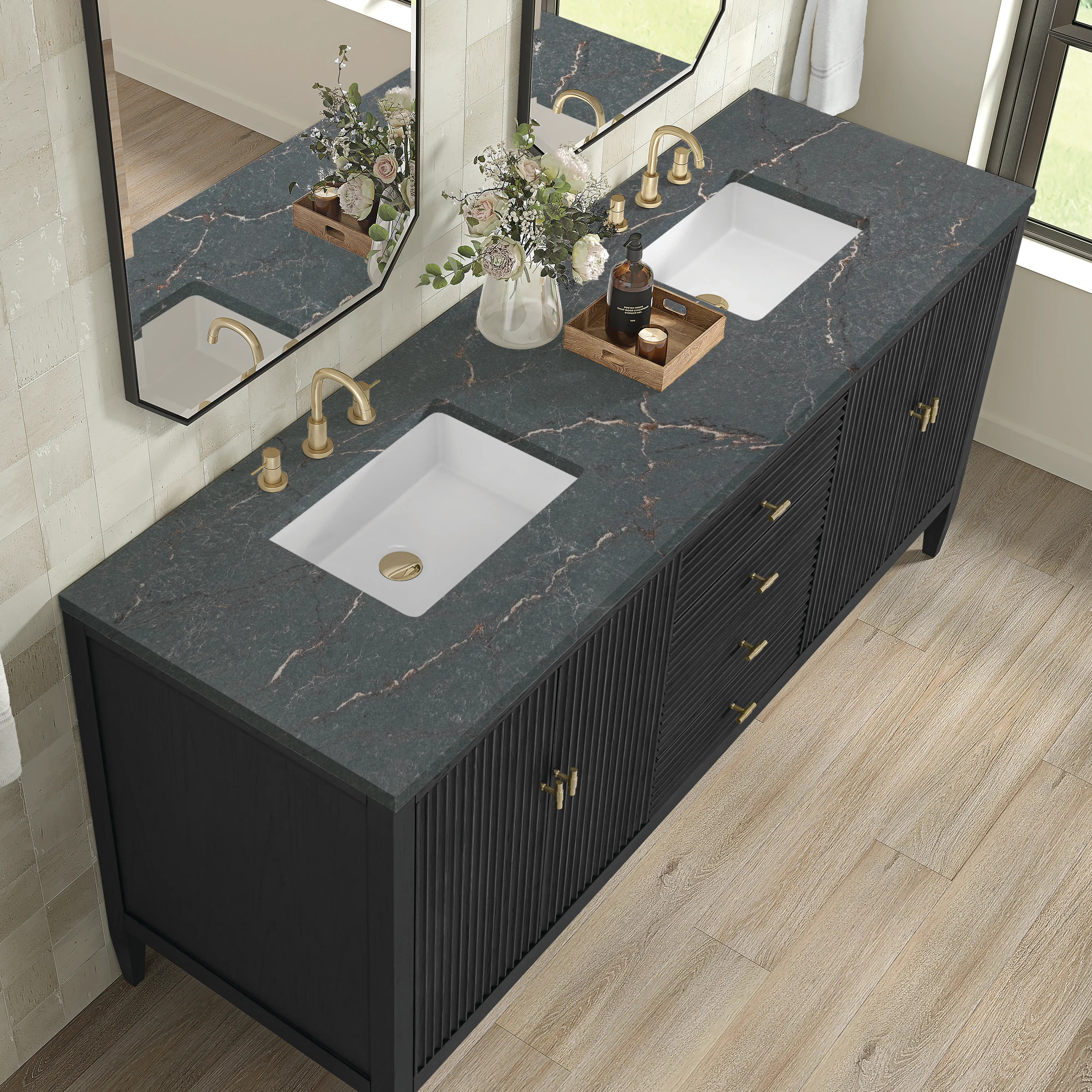 Myrrin 72" Double Vanity, Carbon Oak w/ 3 CM Parisien Bleu Silestone Top
