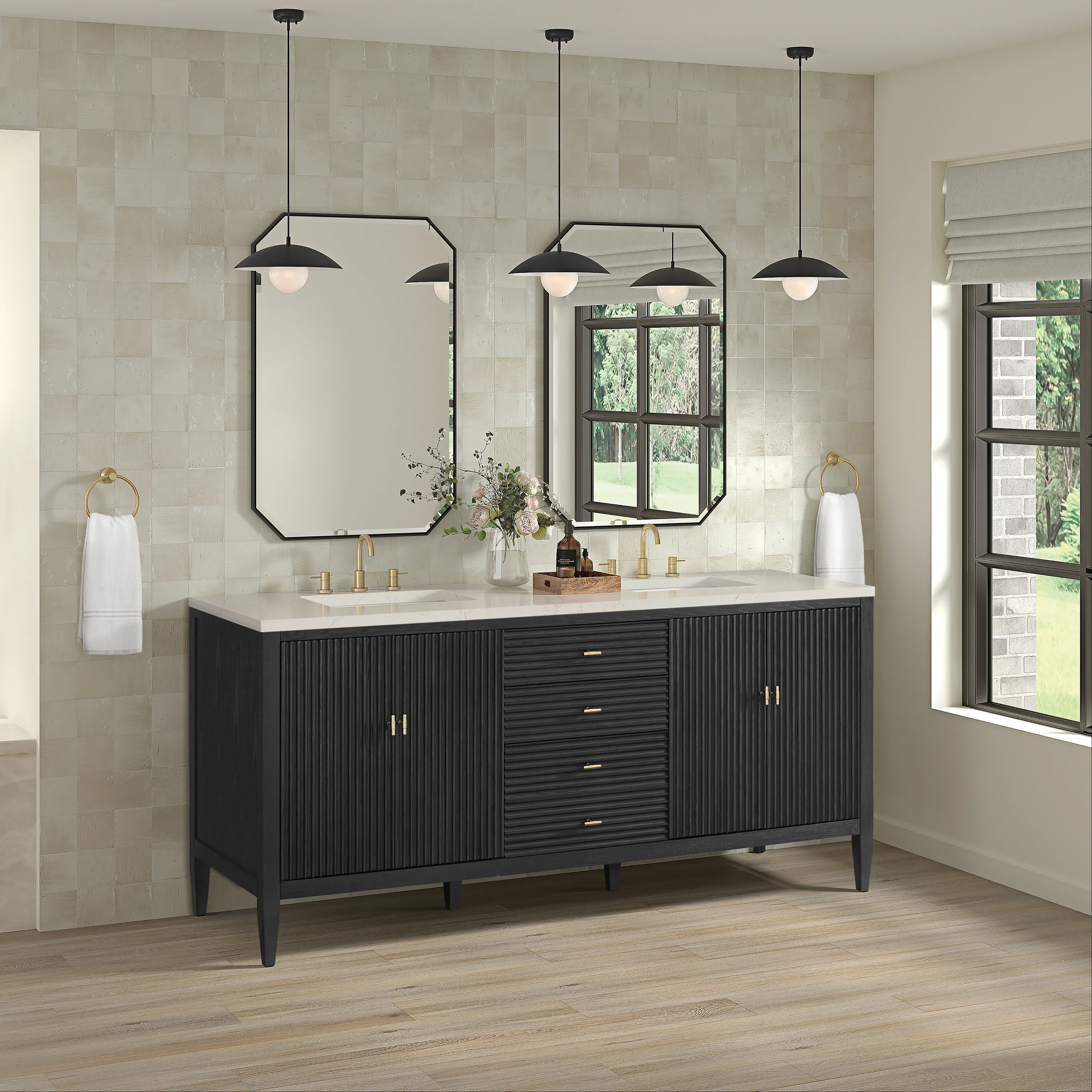 Myrrin 72" Vanity, Carbon Oak, w/ 3 CM Siberian Silestone Top