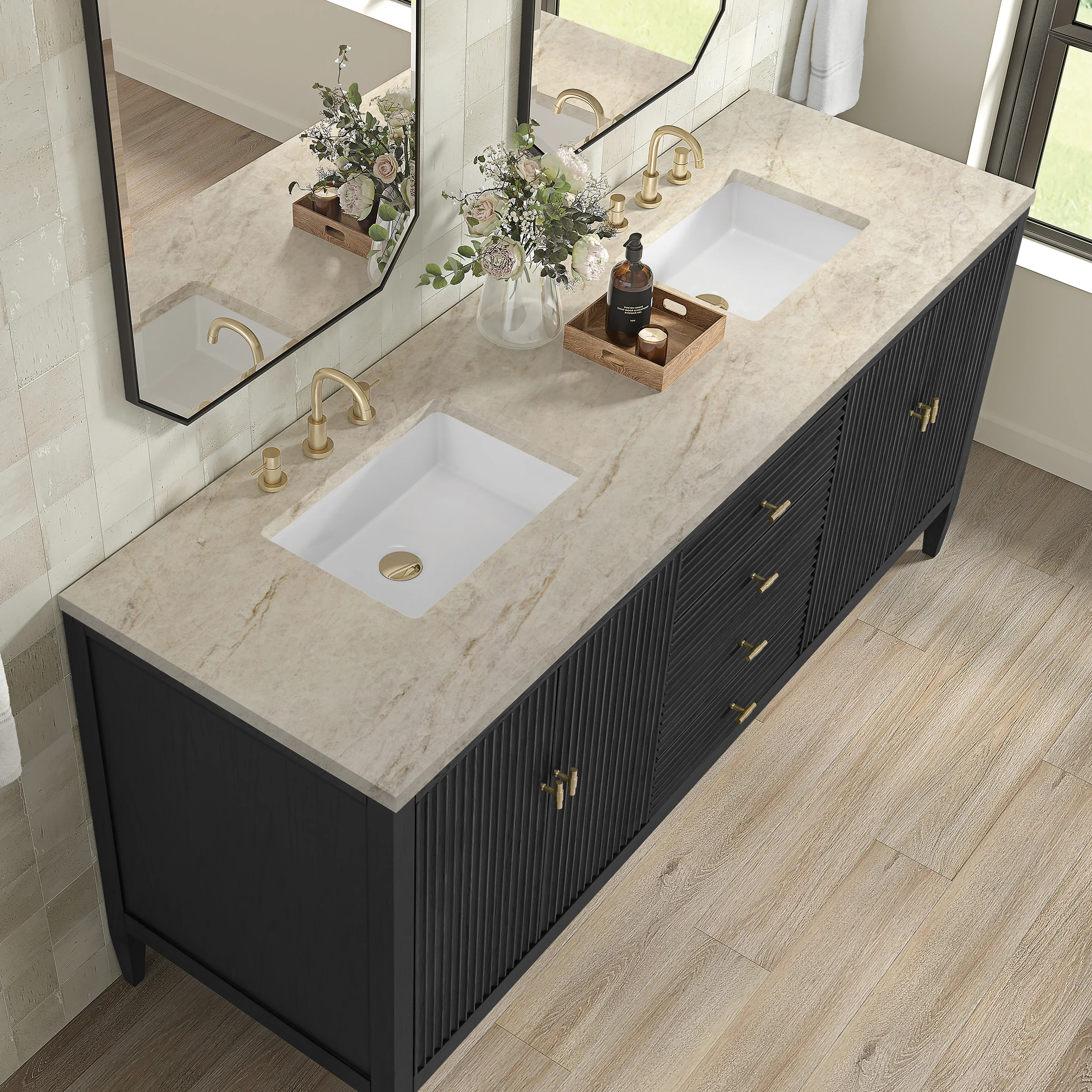 Myrrin 72" Vanity, Carbon Oak, w/ 3 CM Tajnar Eclos Top