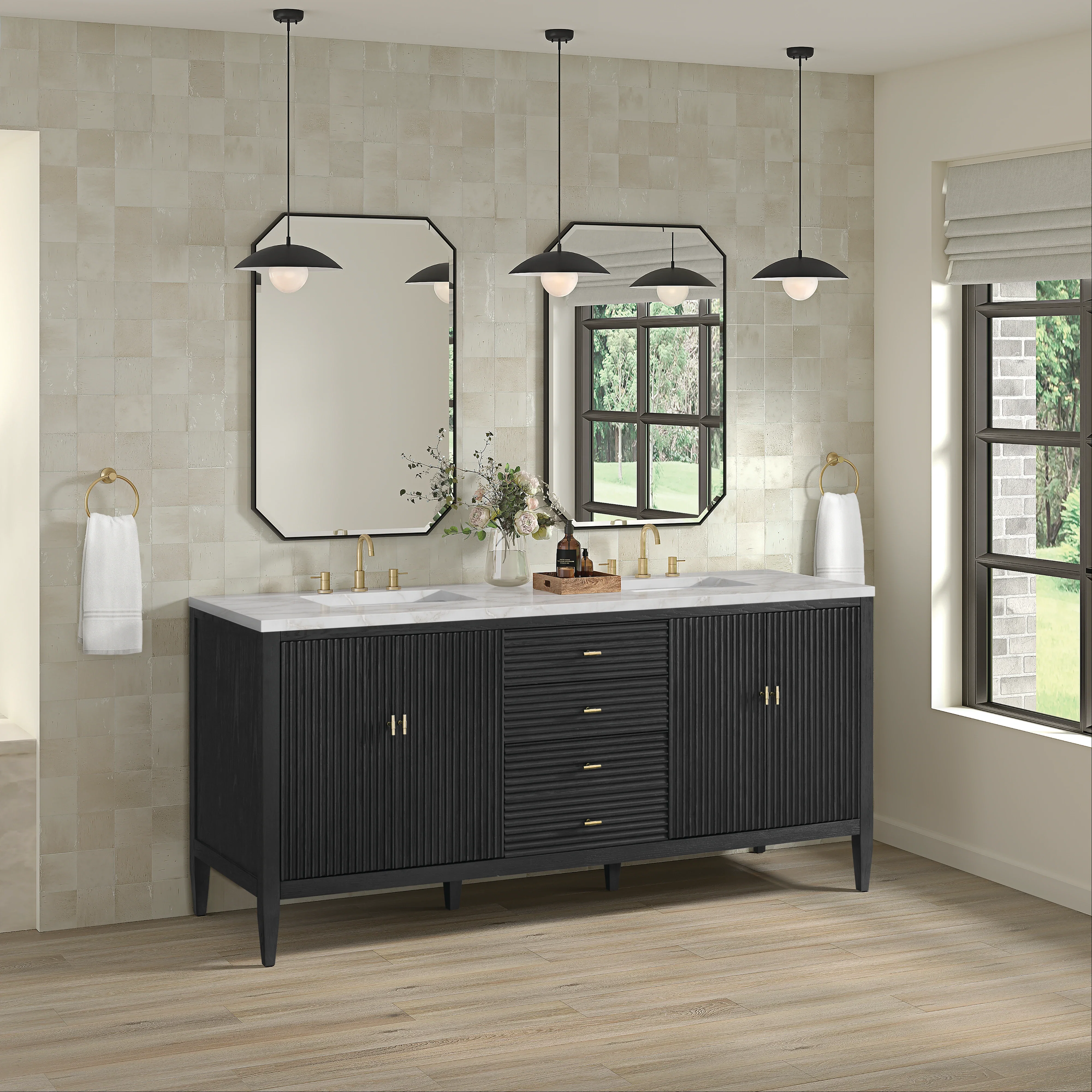 Myrrin 72" Double Vanity, Carbon Oak w/ 3 CM Victorian Silver Silestone Top