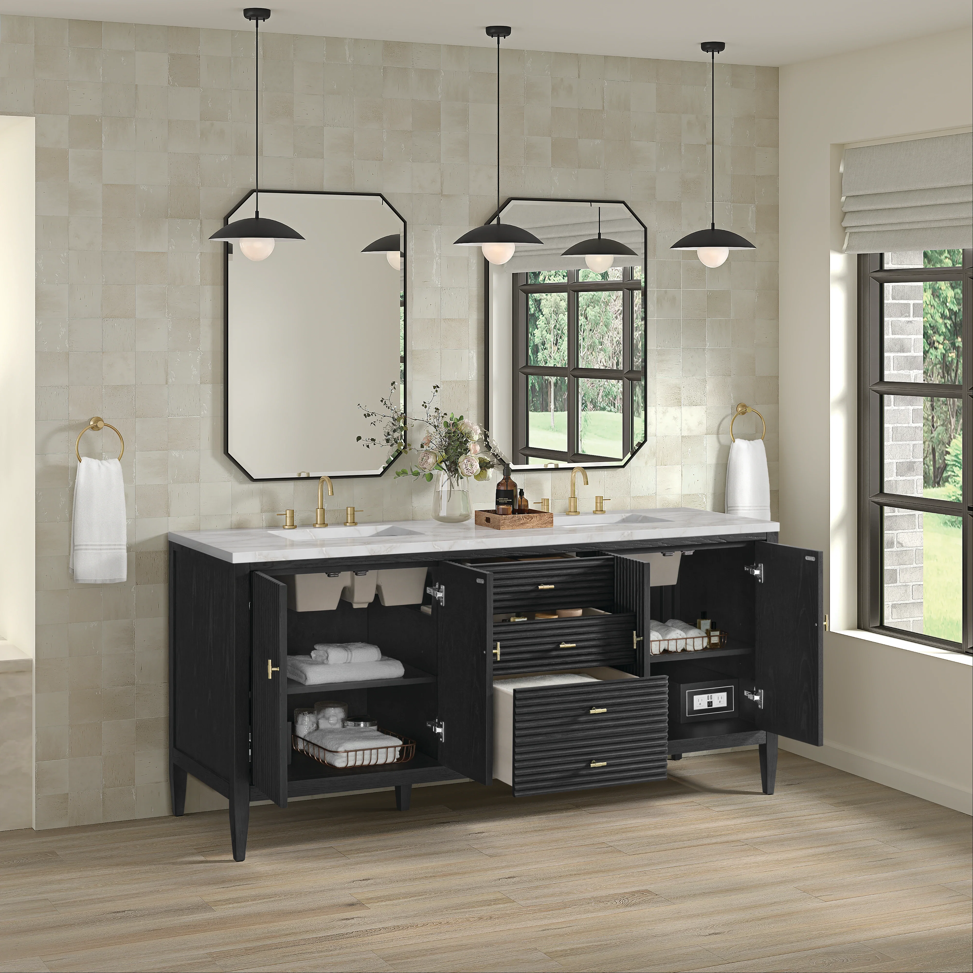 Myrrin 72" Double Vanity, Carbon Oak w/ 3 CM Victorian Silver Silestone Top