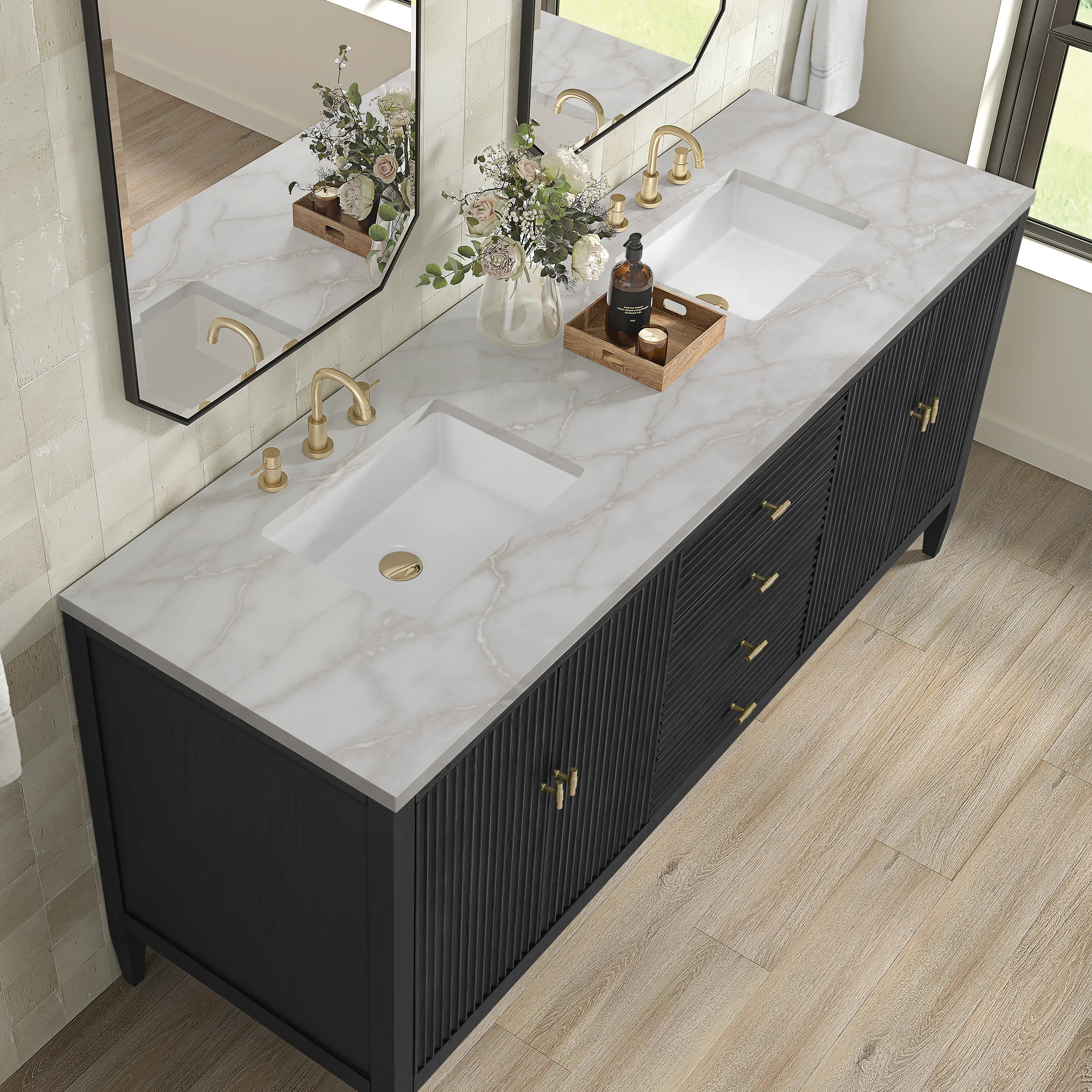 Myrrin 72" Double Vanity, Carbon Oak w/ 3 CM Victorian Silver Silestone Top