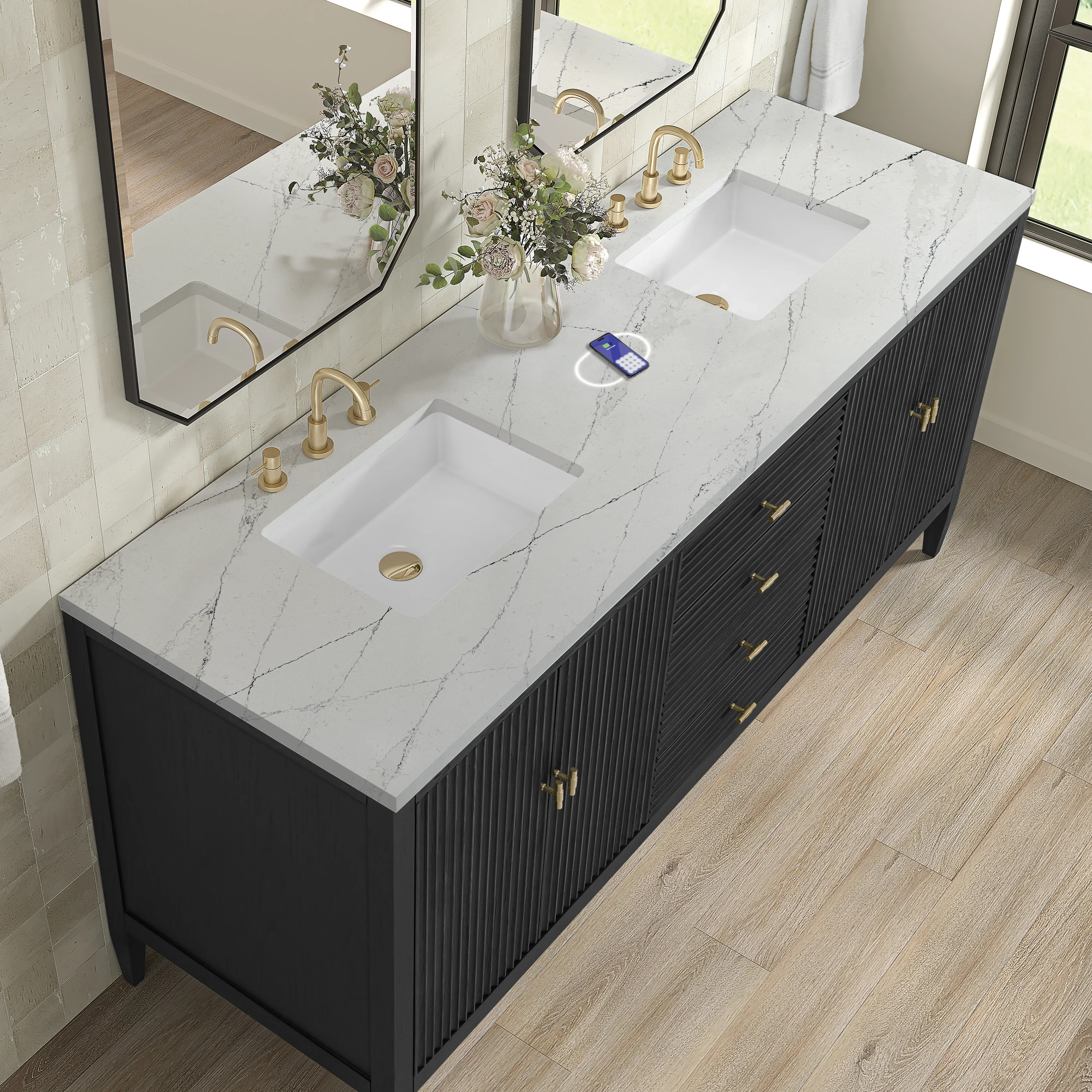 Myrrin 72" Double Vanity, Carbon Oak w/ 3 CM Ethereal Noctis Silestone Top w/FreePower Wireless Charger
