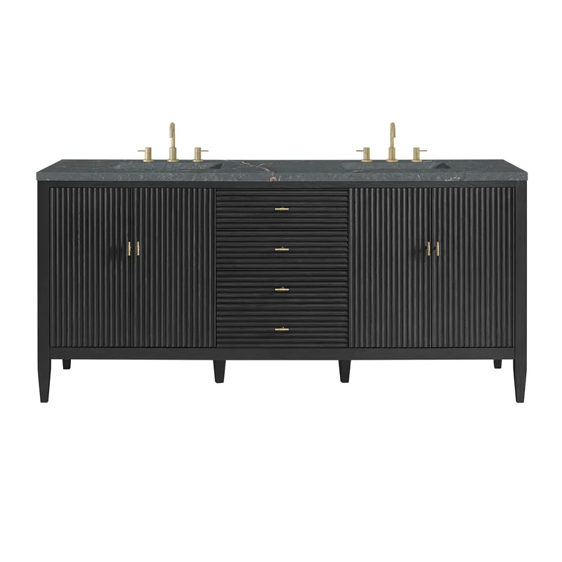Myrrin 72" Double Vanity, Carbon Oak w/ 3 CM Parisien Bleu Silestone Top w/FreePower Wireless Charger
