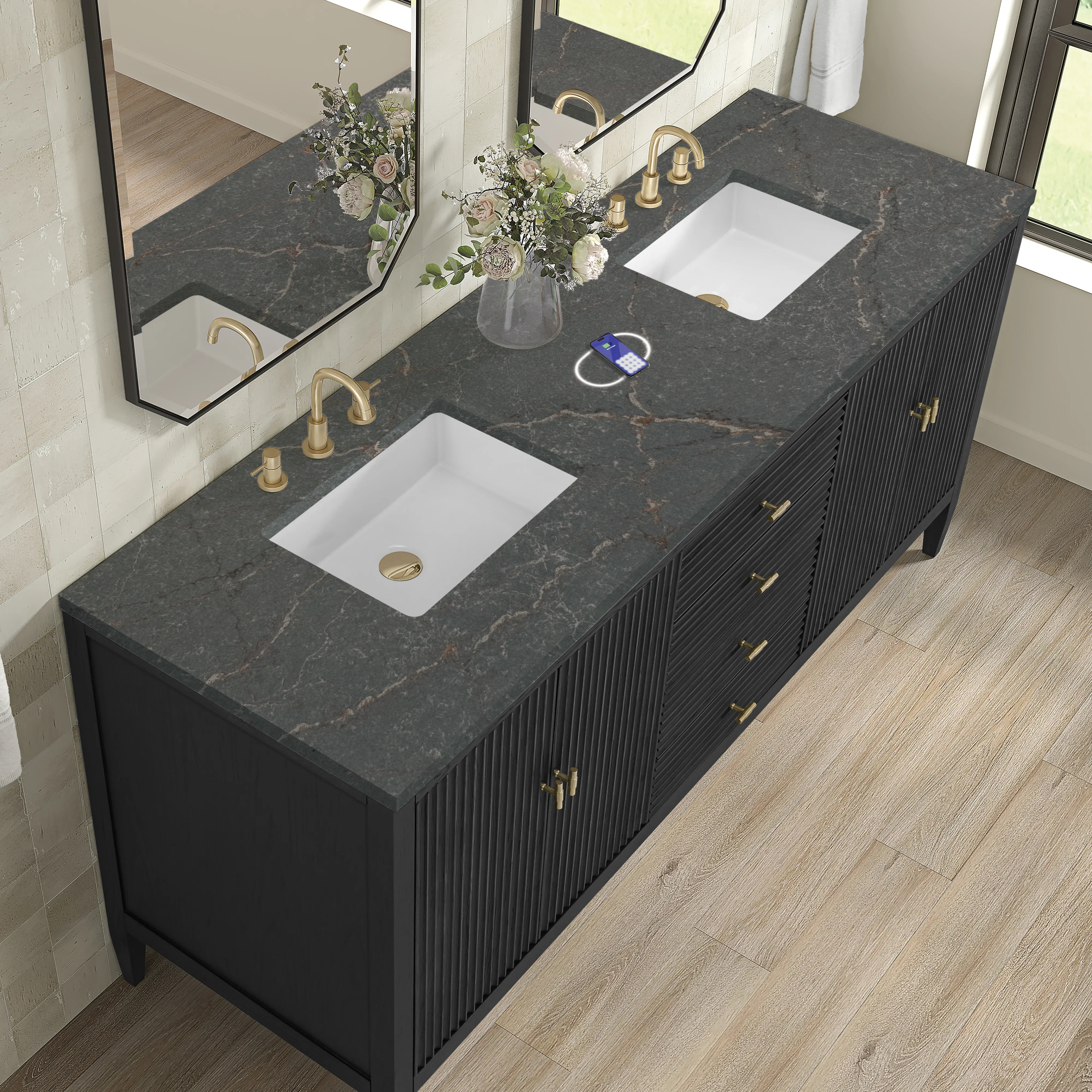 Myrrin 72" Double Vanity, Carbon Oak w/ 3 CM Parisien Bleu Silestone Top w/FreePower Wireless Charger