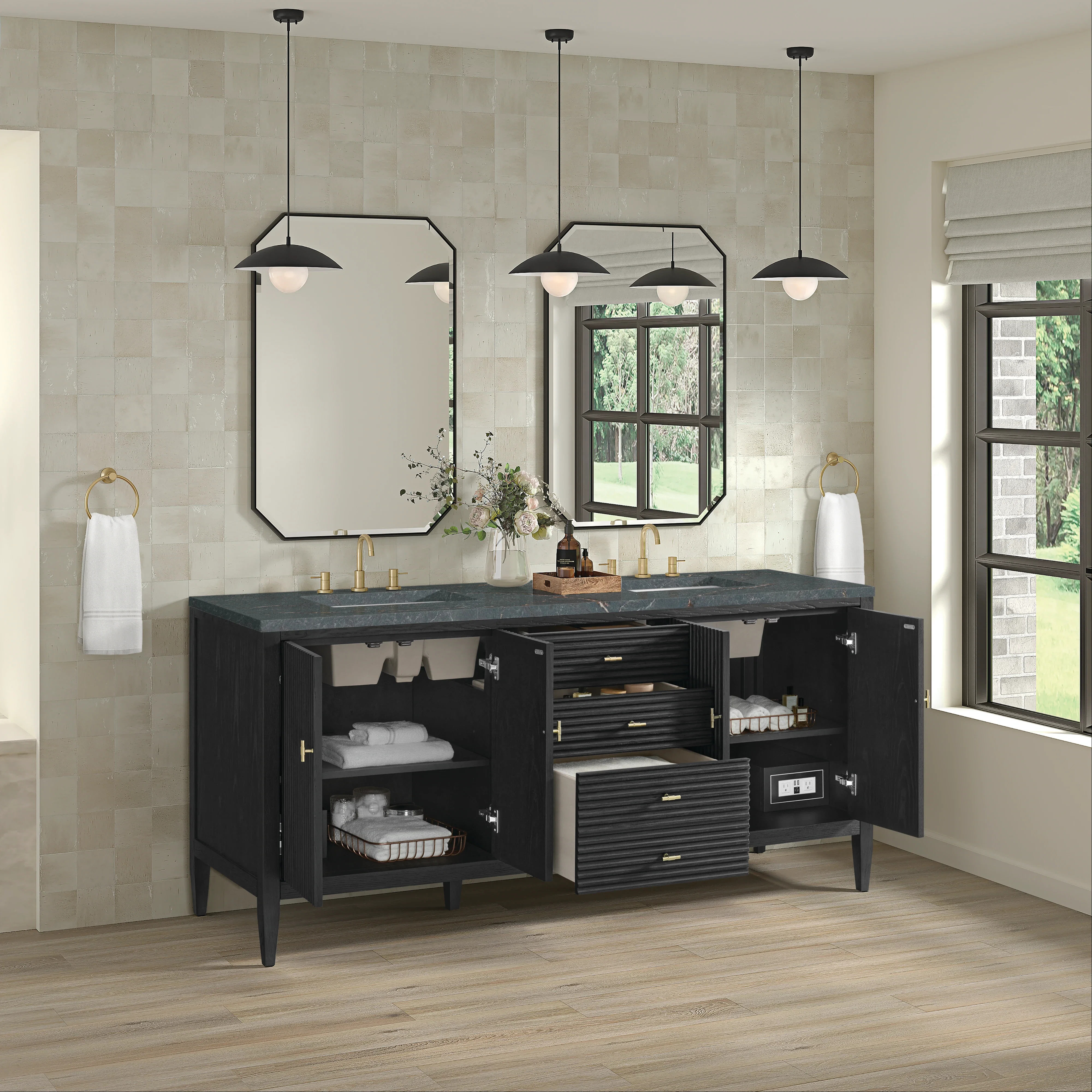 Myrrin 72" Double Vanity, Carbon Oak w/ 3 CM Parisien Bleu Silestone Top w/FreePower Wireless Charger