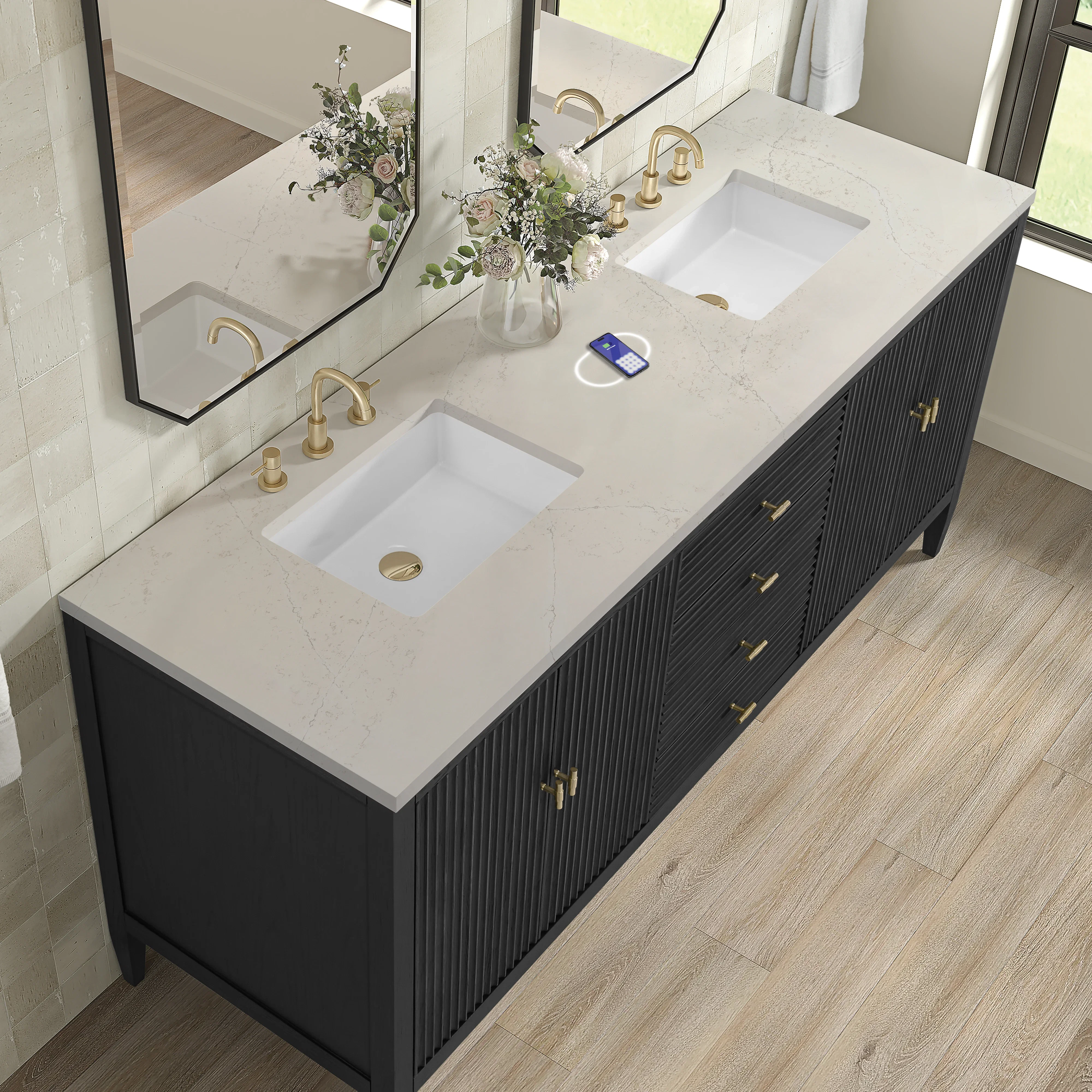 Myrrin 72" Vanity, Carbon Oak, w/ 3 CM Siberian Silestone Top w/FreePower Wireless Charger
