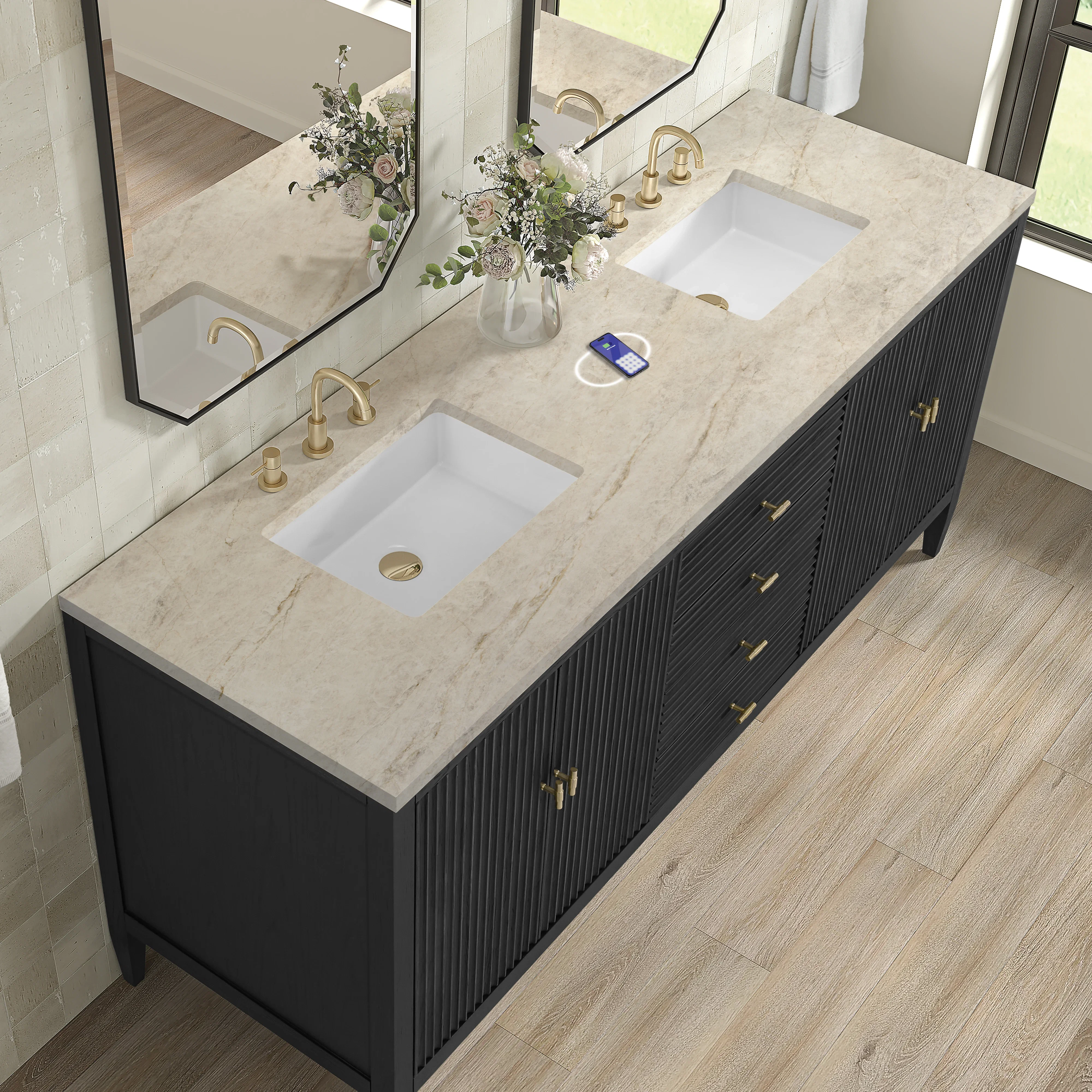 Myrrin 72" Vanity, Carbon Oak, w/ 3 CM Tajnar Eclos Top w/FreePower Wireless Charger