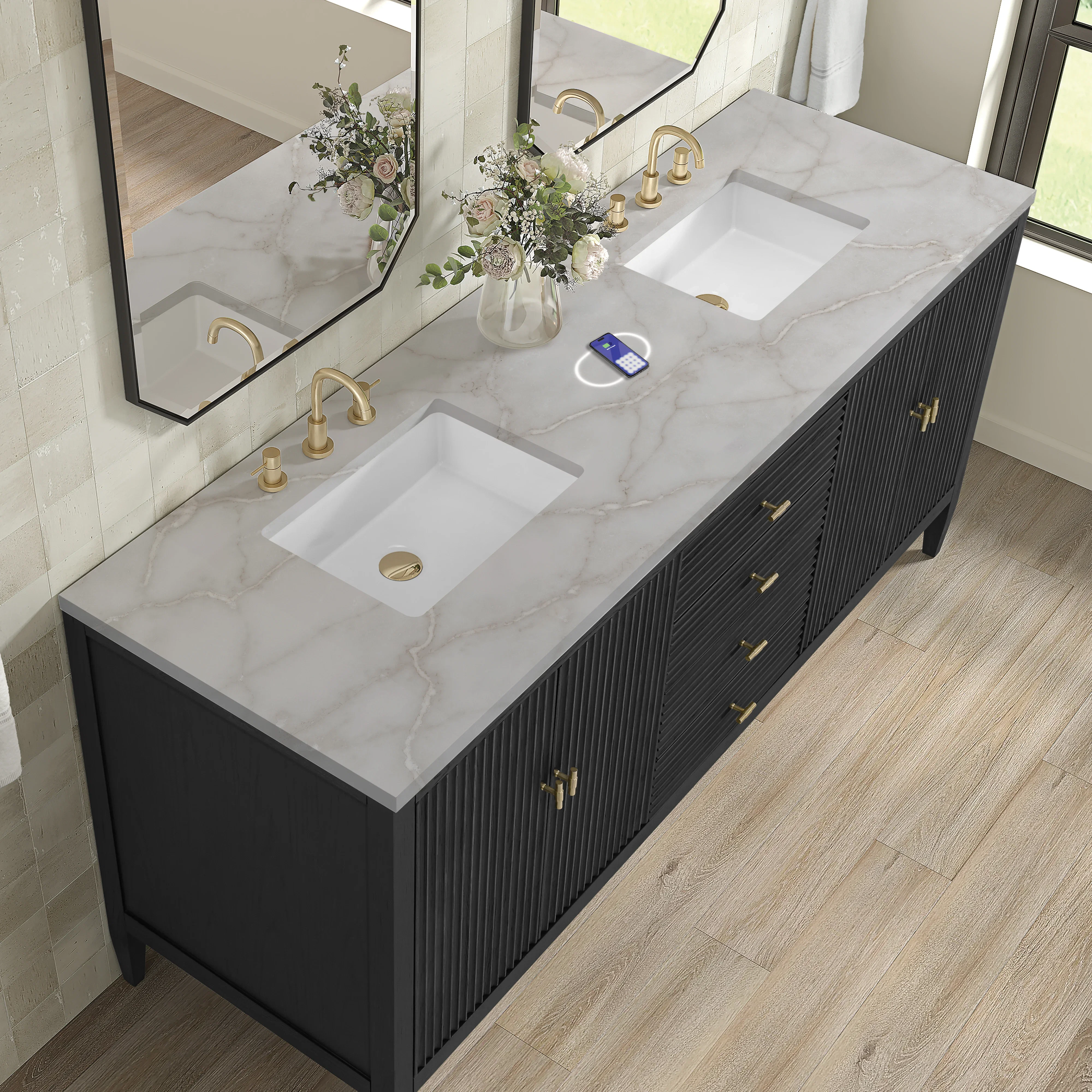 Myrrin 72" Double Vanity, Carbon Oak w/ 3 CM Victorian Silver Silestone Top w/FreePower Wireless Charger