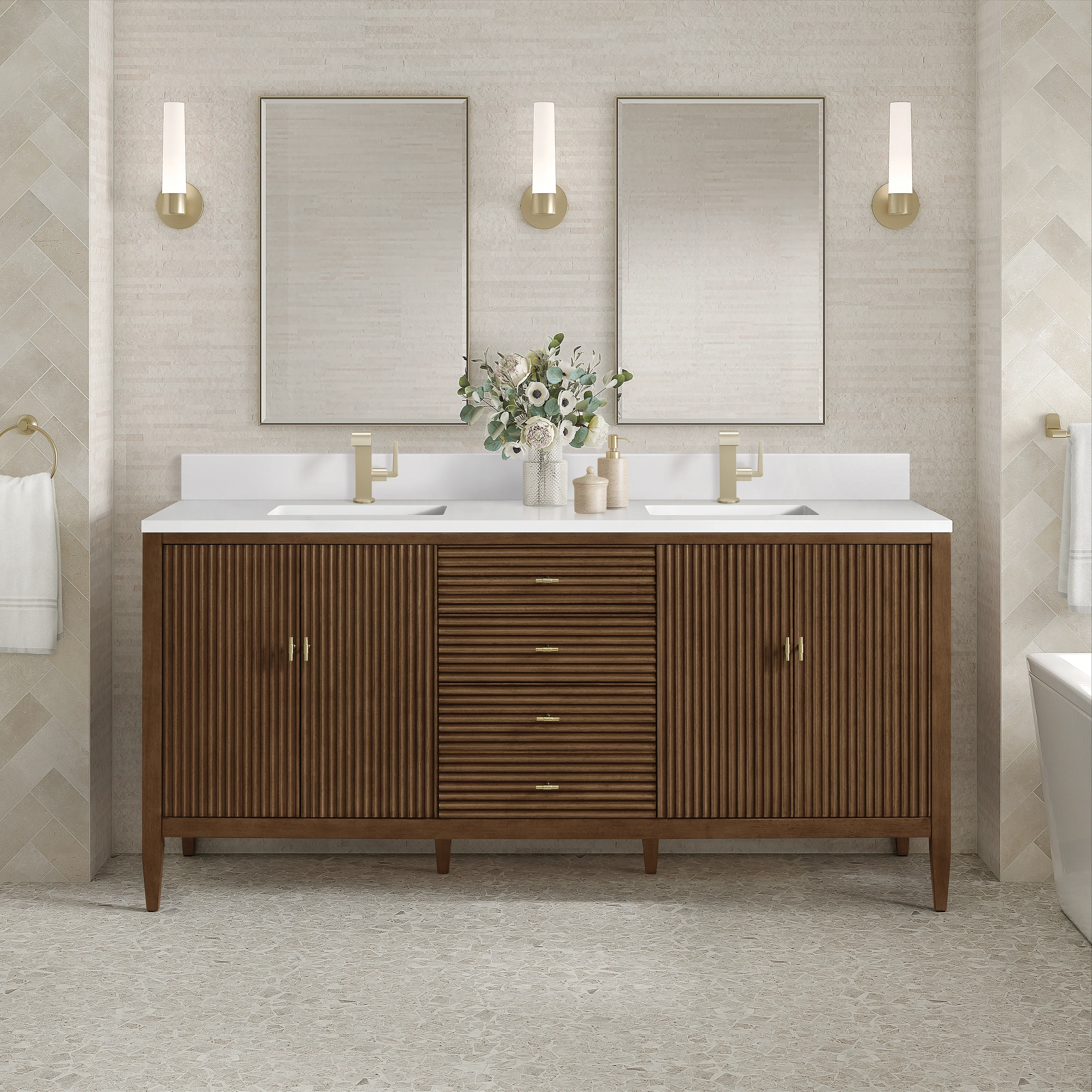 Myrrin 72" Vanity, Mid Century Walnut w/ Single Hole 3 CM White Zeus Silestone Top & Backsplash