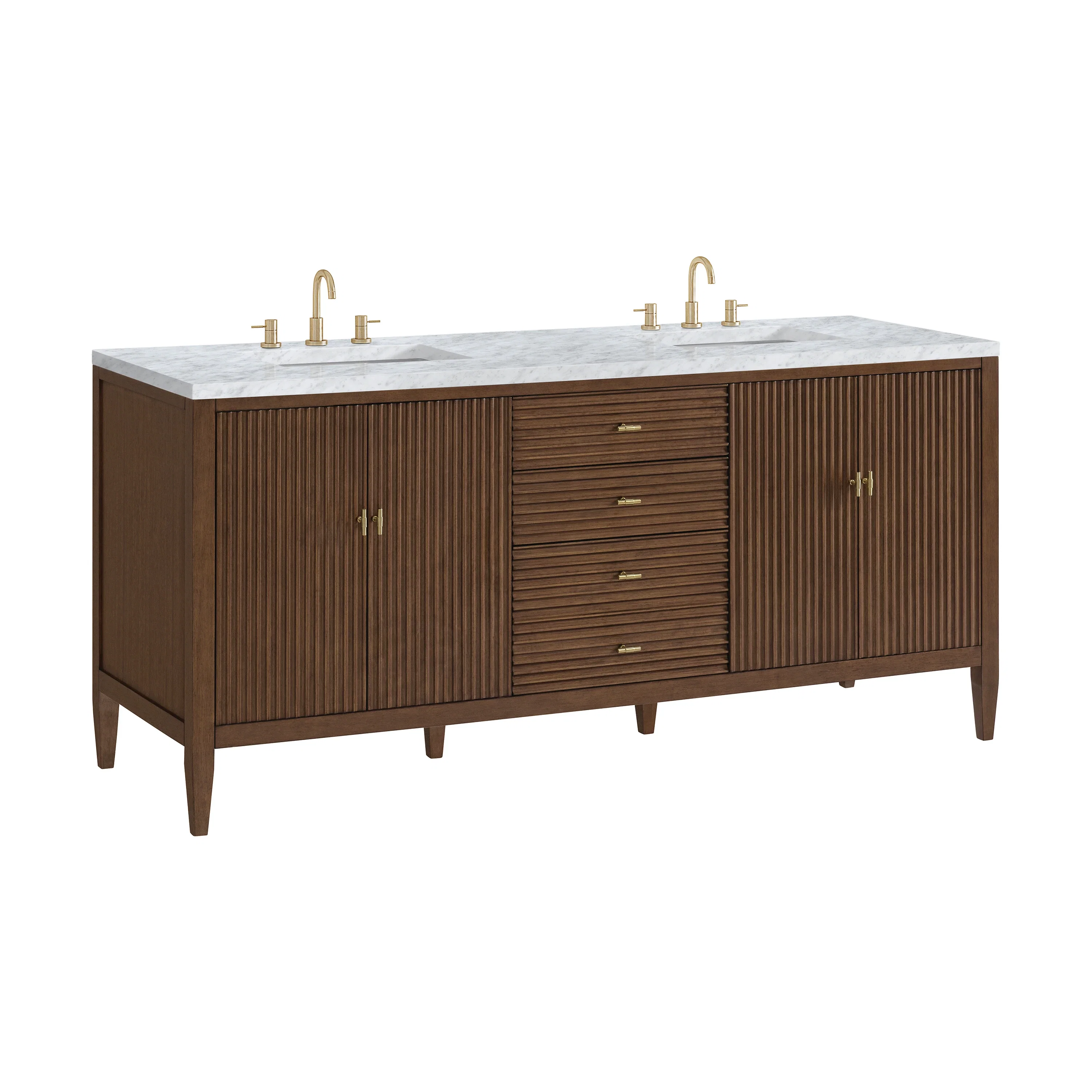 Myrrin 72" Double Vanity, Mid Century Walnut w/ 3 CM Carrara White Marble Top