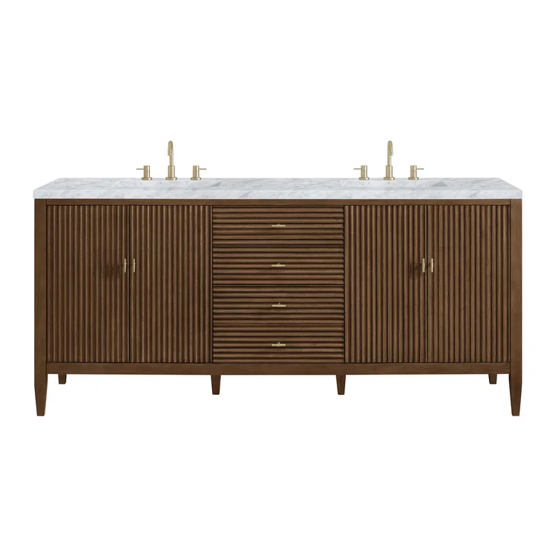 Myrrin 72" Double Vanity, Mid Century Walnut w/ 3 CM Carrara White Marble Top